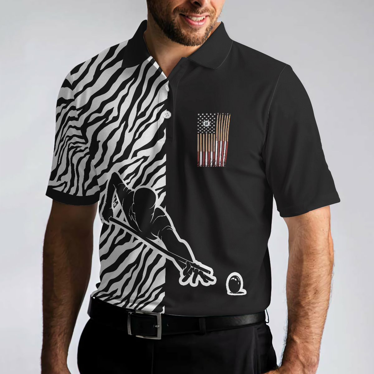 Men Polo Shirt - Billiards Zebra Polo Shirt, Cool Billiards Polo Shirt With Zebra Pattern, Best Pool Shirt For Pool Players