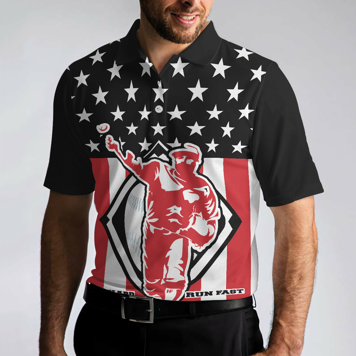 Baseball Hit Hard Run Fast Short Sleeve Men Polo Shirt, Black Theme American Flag Polo Shirt, Best Baseball Shirt For Men, Gift For Baseball Lovers