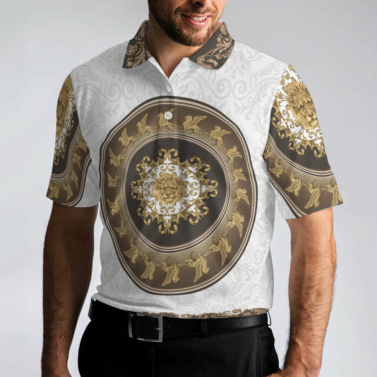 Lion Of Saint Mark Vintage Style Polo Shirt, Luxury Golden Baroque Pattern Polo Shirt For Men