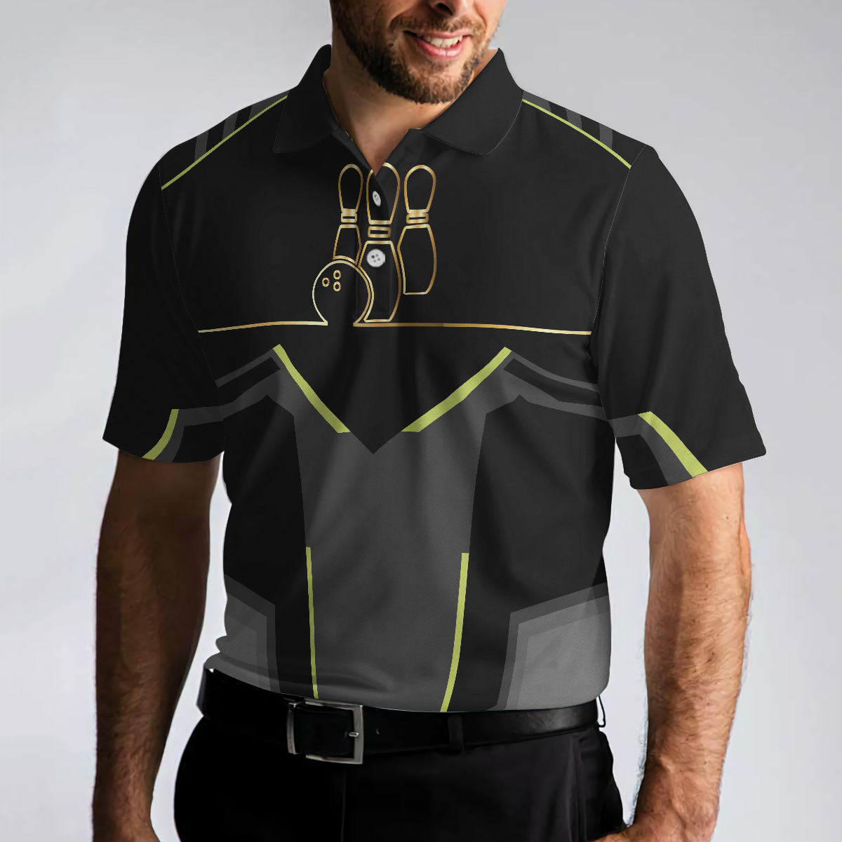 Bowling Men Polo Shirt - Strike Black And Golden Pattern Best Bowling Polo Shirt For Men - Perfect Gift For Friend, Family, Bowling Lover