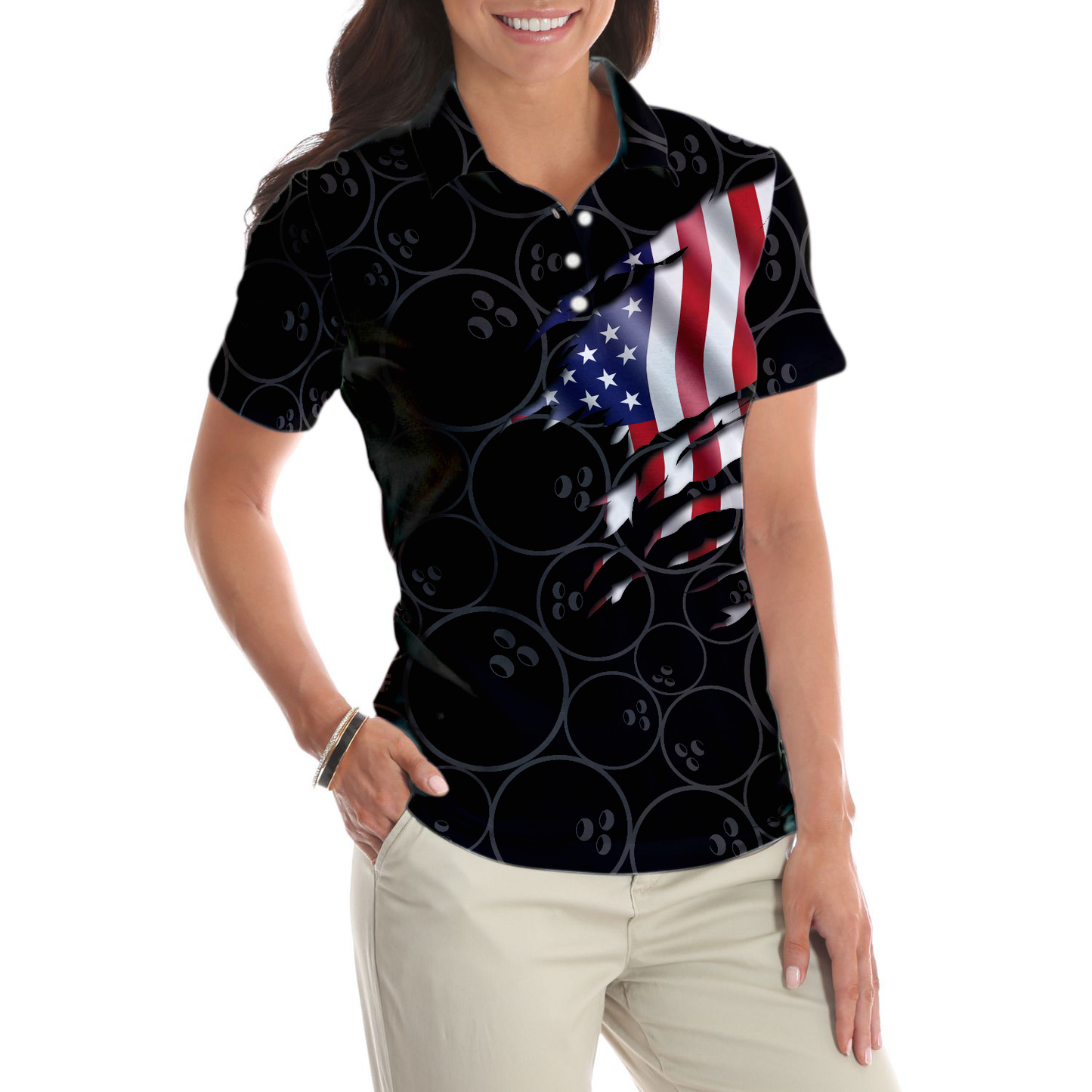 Bowling Women Polo Shirt - American Flag With Bowling Pattern Women Polo Shirt - Perfect Gift For Friend, Family, Bowling Lovers