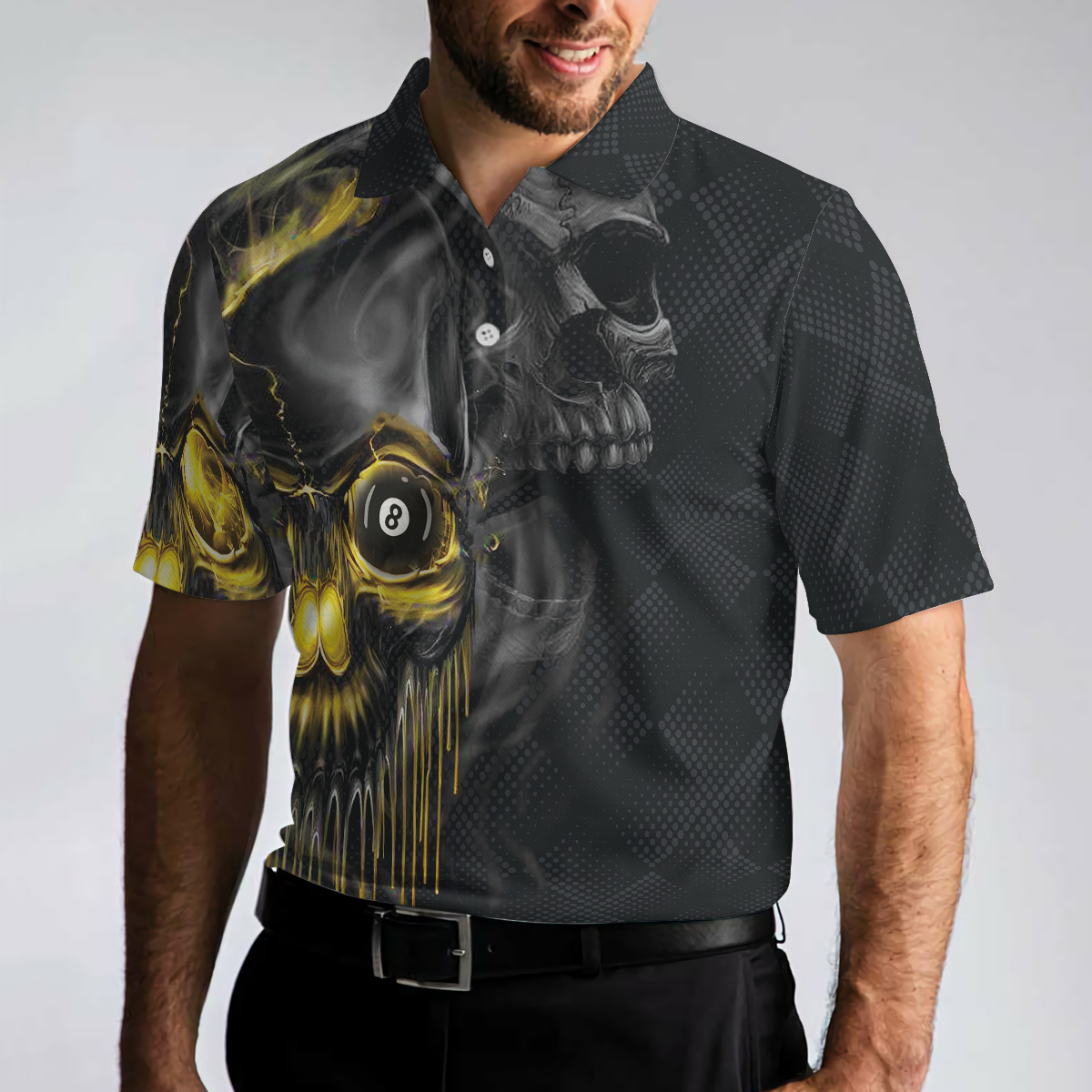Skull Billiards Polo Shirt, Black Skull Billiards Shirt Design For Men, Scary Halloween Gift Idea - Perfect Gift For Men, Halloween, Billiard Lovers