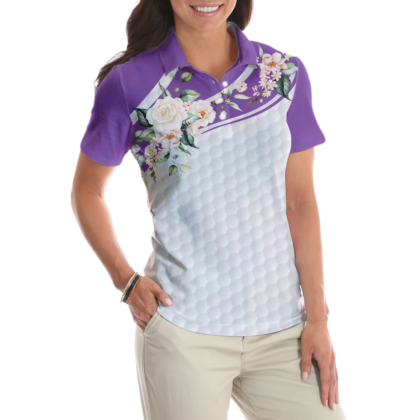 Golf Ball Texture With Roses Golf Short Sleeve Women Polo Shirt, Purple Golfing Polo Shirt For Ladies