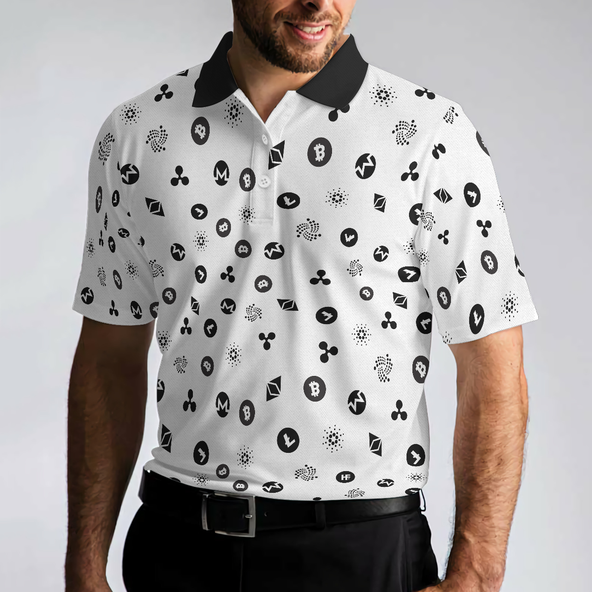 Cryptocurrency Pattern Polo Shirt, Black And White Bitcoin Polo Shirt, Best Cryptocurrency Shirt For Men, Best Gift for Men Golfers, Polo Gift For Men