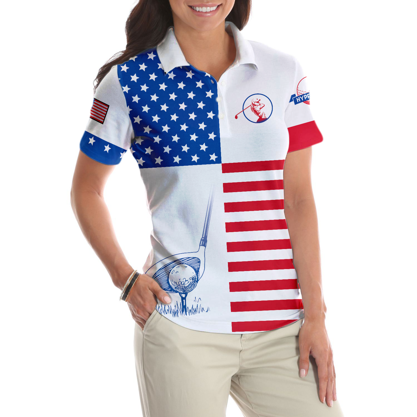 American Flag Golf Short Sleeve Women Polo Shirt, Patriotic Golf Shirt For Ladies, Unique Golf Gift For Girls, Gift For Golfers