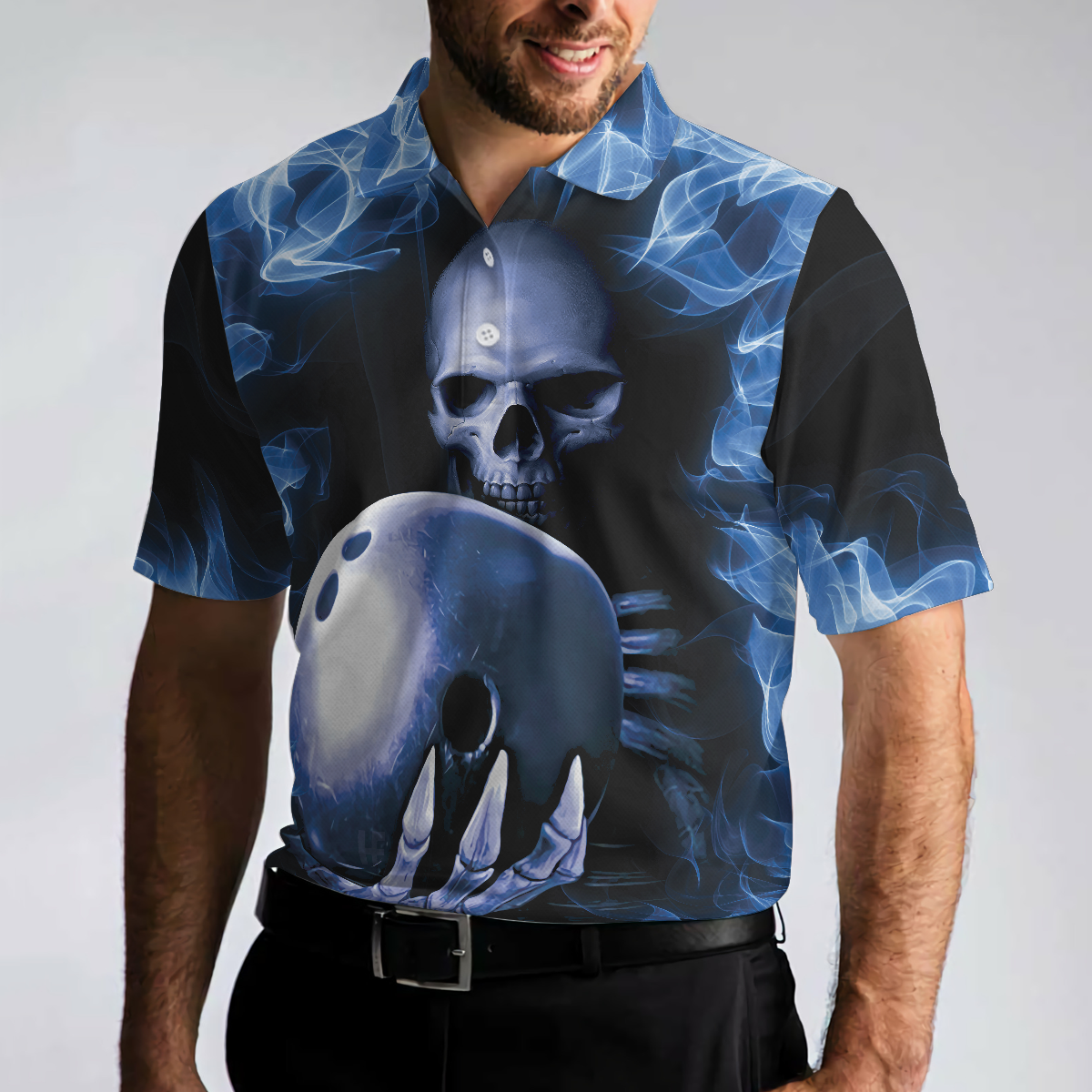 Bowling Men Polo Shirt - Bowling Murder , Blue Flame Pattern, Scary Skull Shirt Design For Halloween Bowling Polo Shirt - Perfect Gift For Friend, Family, Bowling Lovers