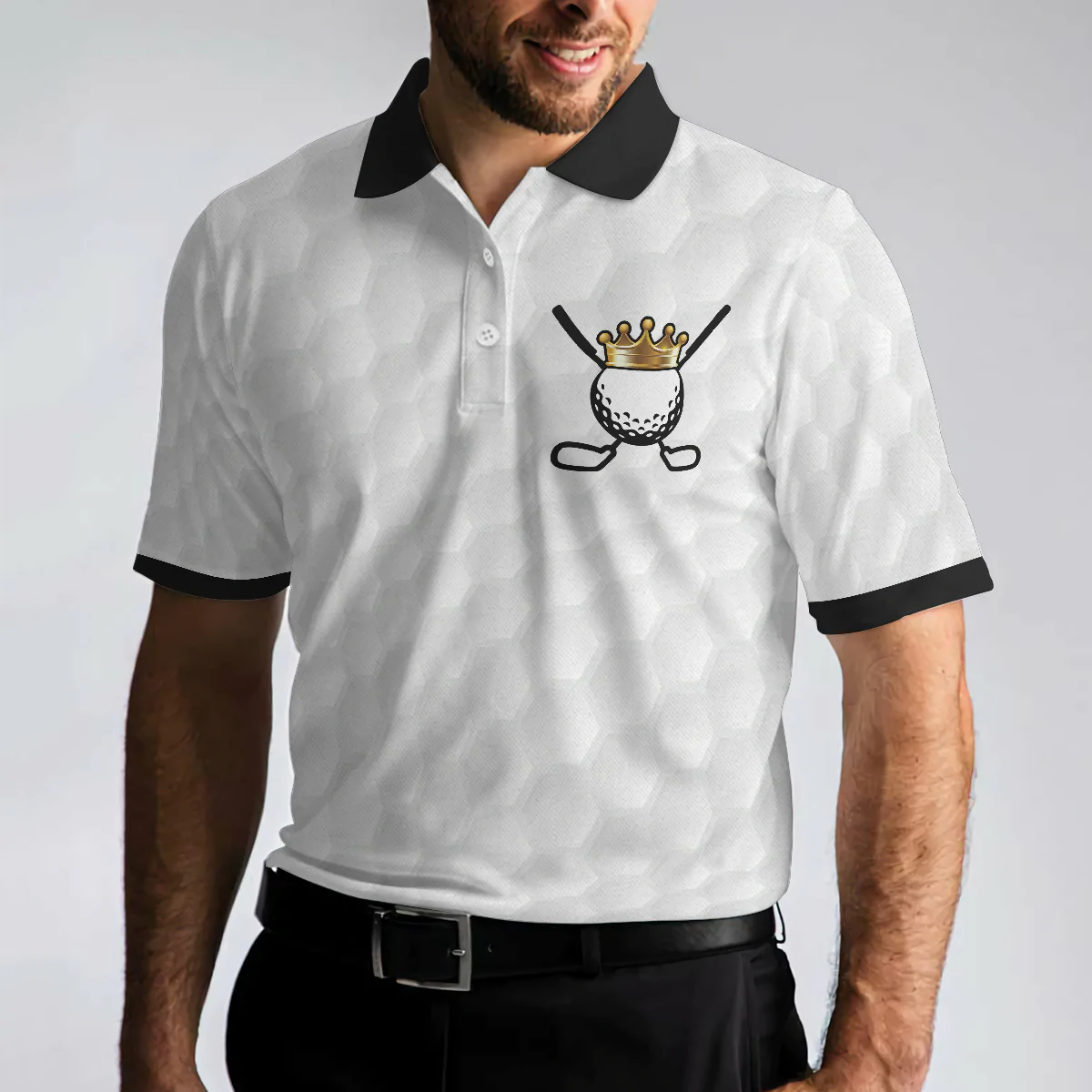 Golf Ball Texture Golfer On Throne Men Polo Shirt, King Of Golf Black And White Polo Shirt For Men, Gift For Male Golfers