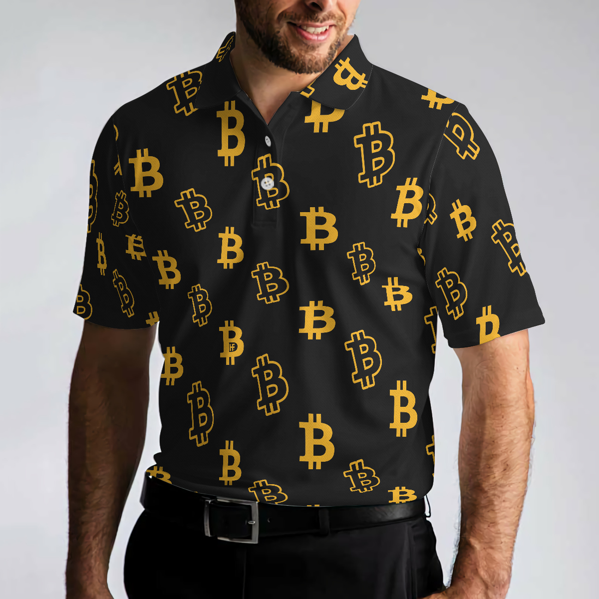 Seamless Pattern Bitcoin Polo Shirt, Luxury Black And Gold Polo Shirt, Best Cryptocurrency Shirt For Men - Best Gift For Men