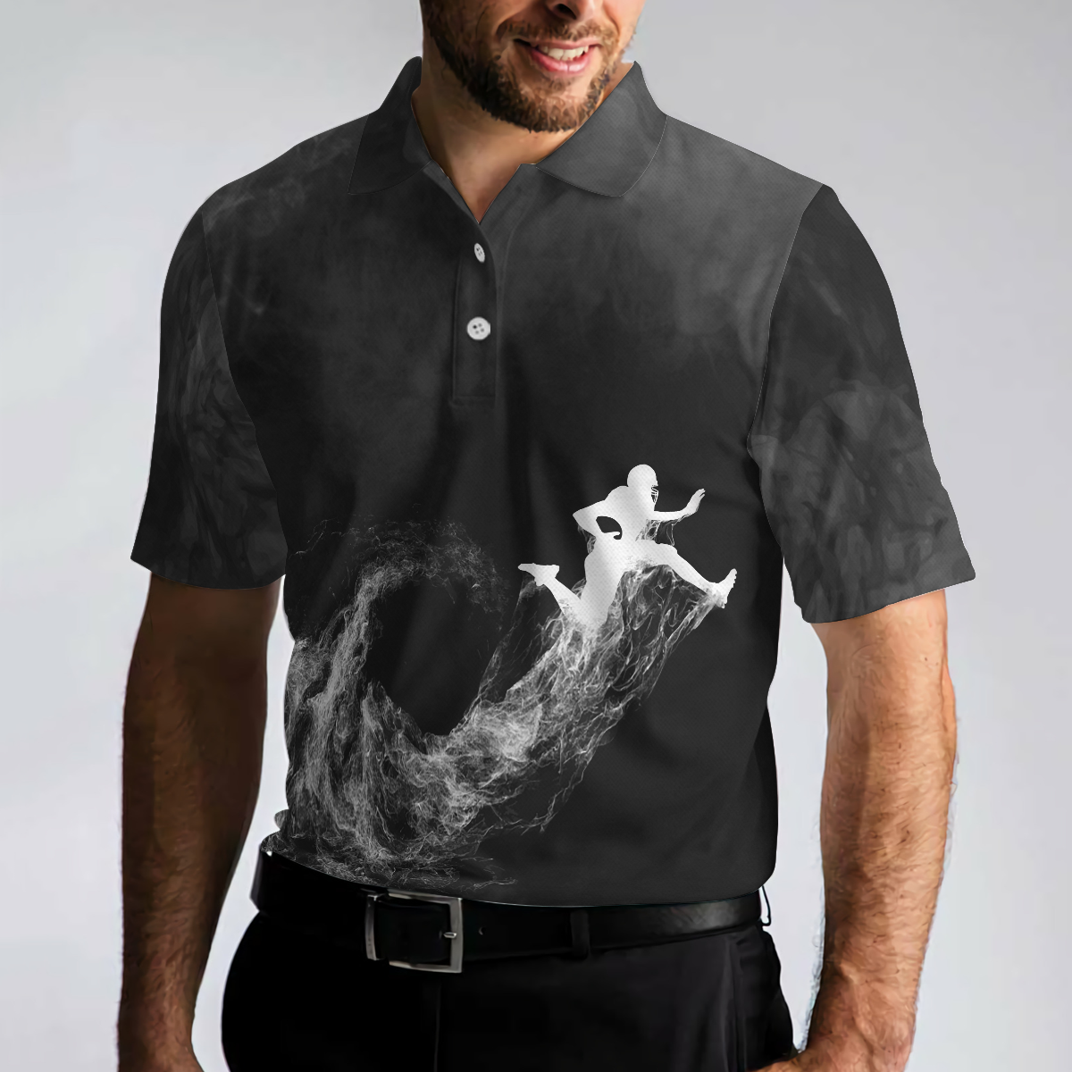 American Football On Smoke Black Theme Background Men Polo Shirt, Smoke Football Player Polo Shirt, Best Football Shirt For Men, Gift For American Football Lovers