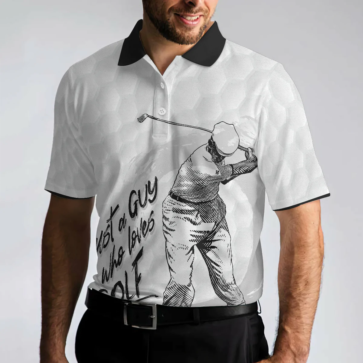 Black And White Golfing Men Polo Shirt, Just A Guy Who Loves Golf Shirt For Male, Basic Golf Shirt Design
