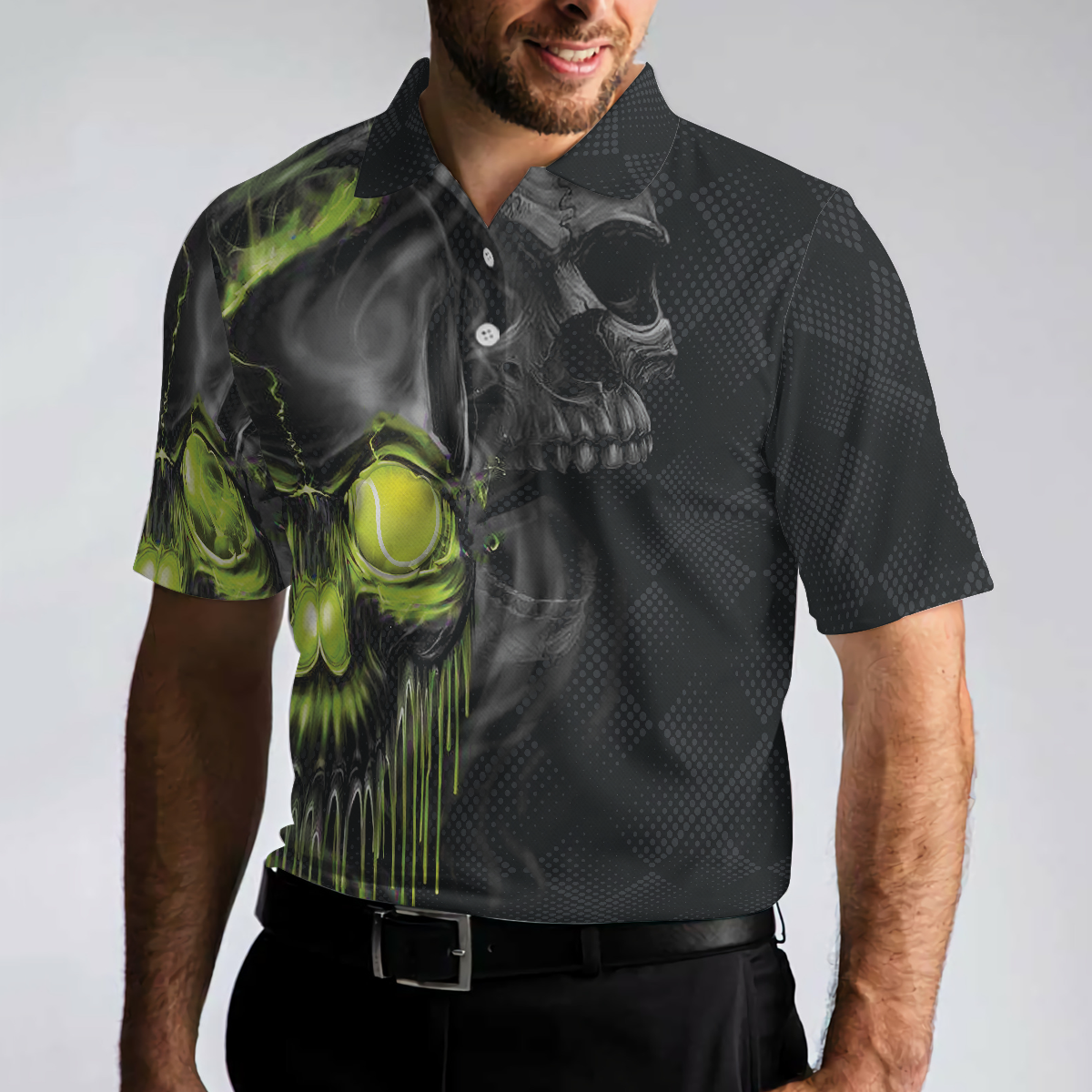 Skull Tennis Polo Shirt, Scary Skull Graphic Tennis Shirt For Tennis Lovers, Halloween Tennis Gift Idea - Perfect Gift For Men, Tennis Players