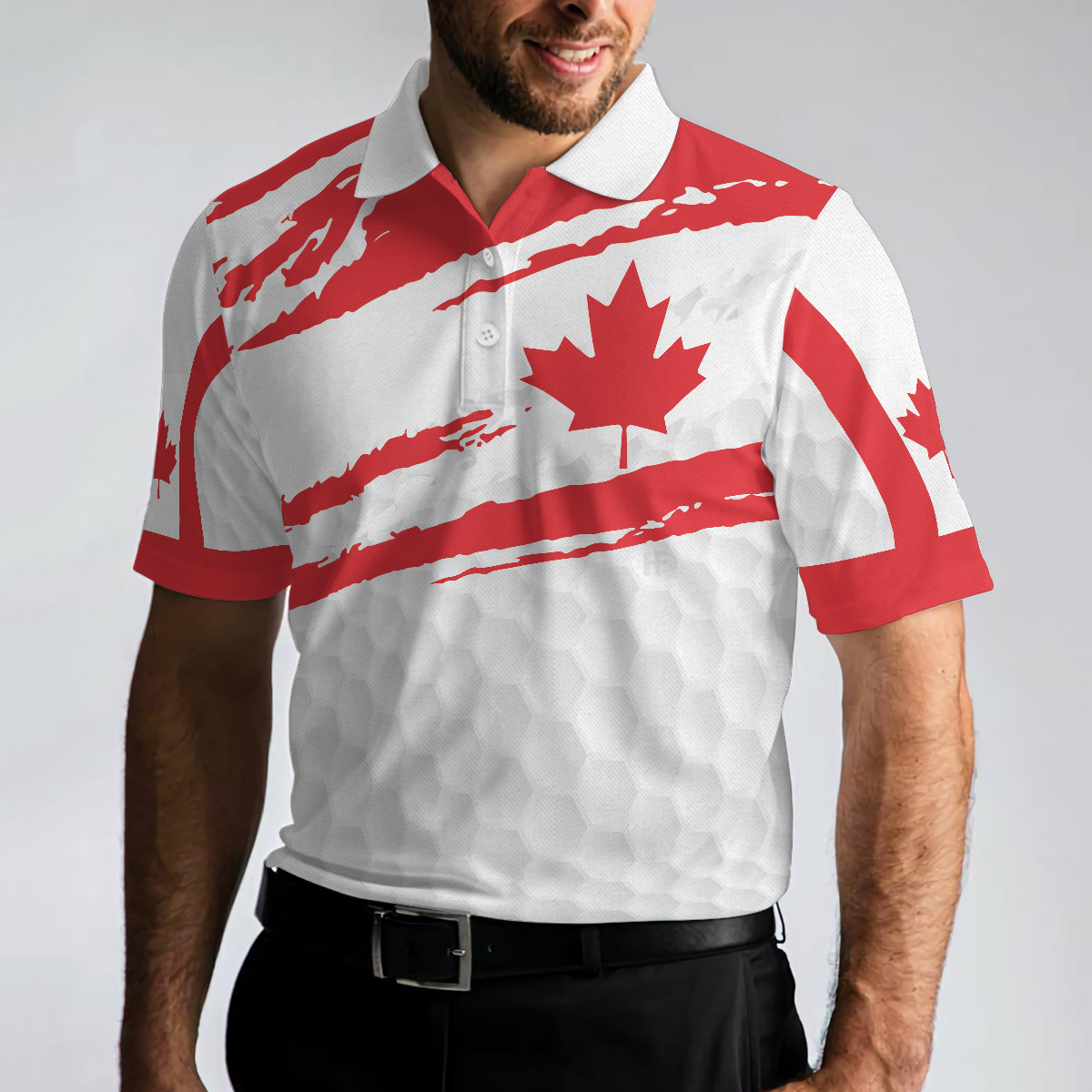 Golf Men Polo Shirt - Canada Flag Golf Texture Polo Shirt, Maple Leaves Polo Shirt - Best Golf Gift For Men- Perfect Gift For Friend, Family, Golfers