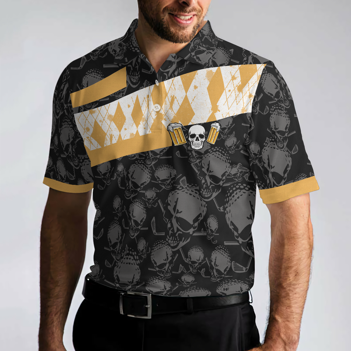 Skull Beer Drinking Golf Men Polo Shirt, Golf & Beer Is My Therapy Shirt Design, Best Golf Shirt For Male Golfers