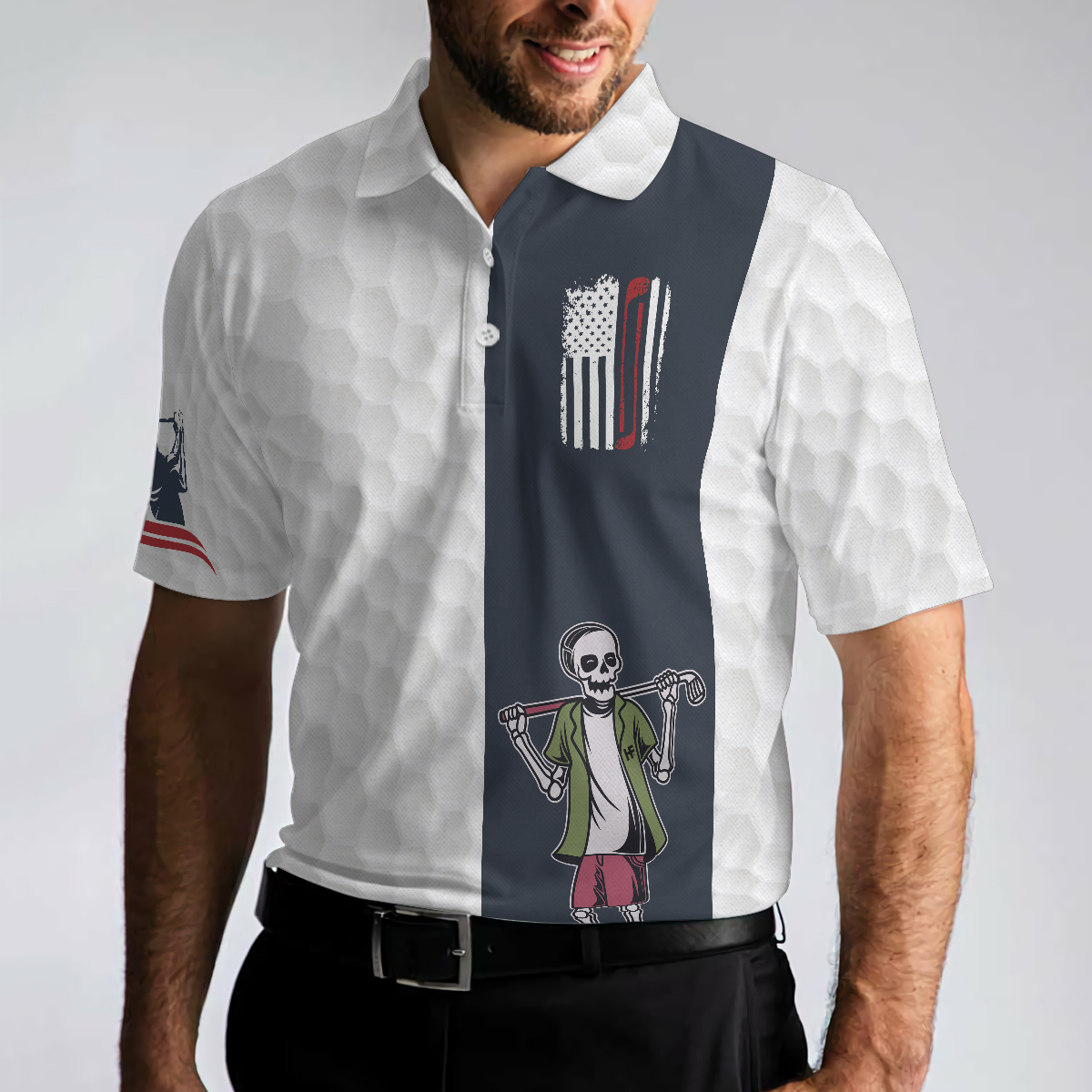 Youngster Skeleton Golf Lover American Flag Polo Shirt, White American Flag Golf Shirt - Perfect Gift For Men
