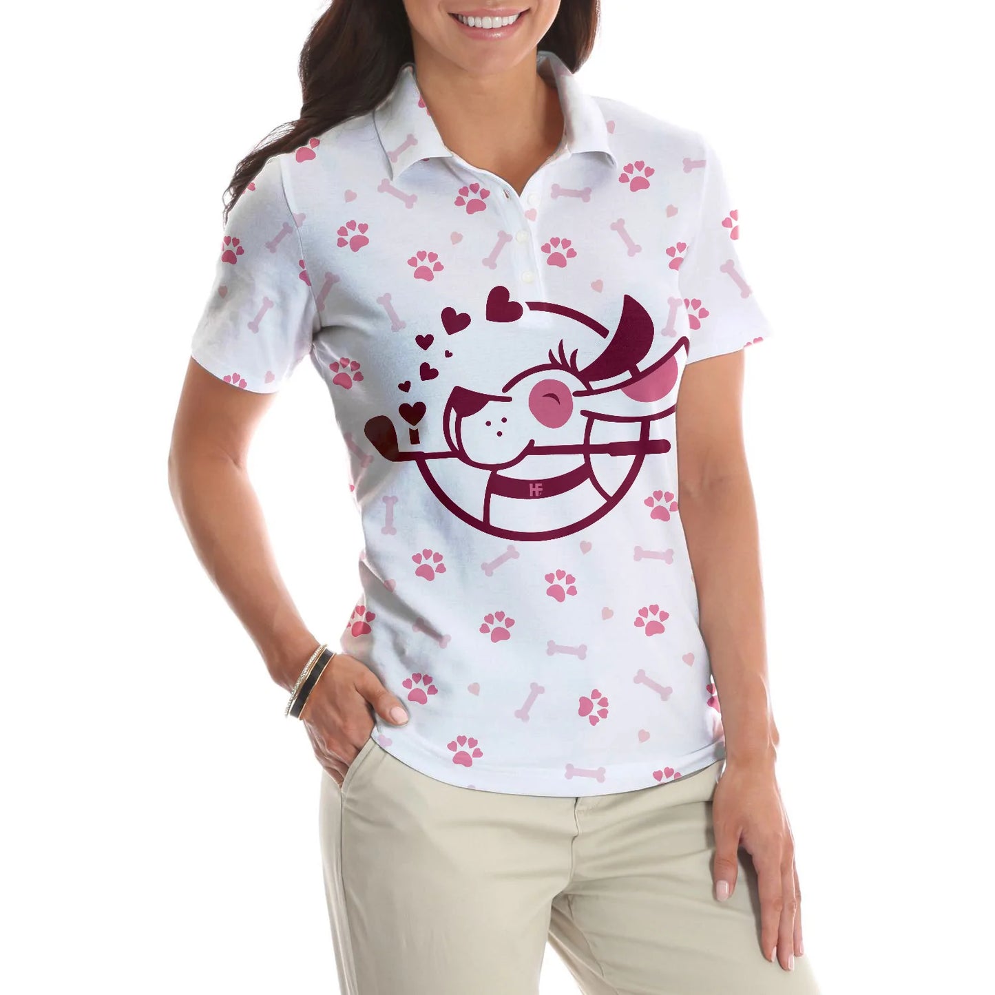 White And Pink Golf Dog Women Polo Shirt, Just A Dog Mom Who Loves Golf Short Sleeve Shirt, Golf Gift For Dog Lovers