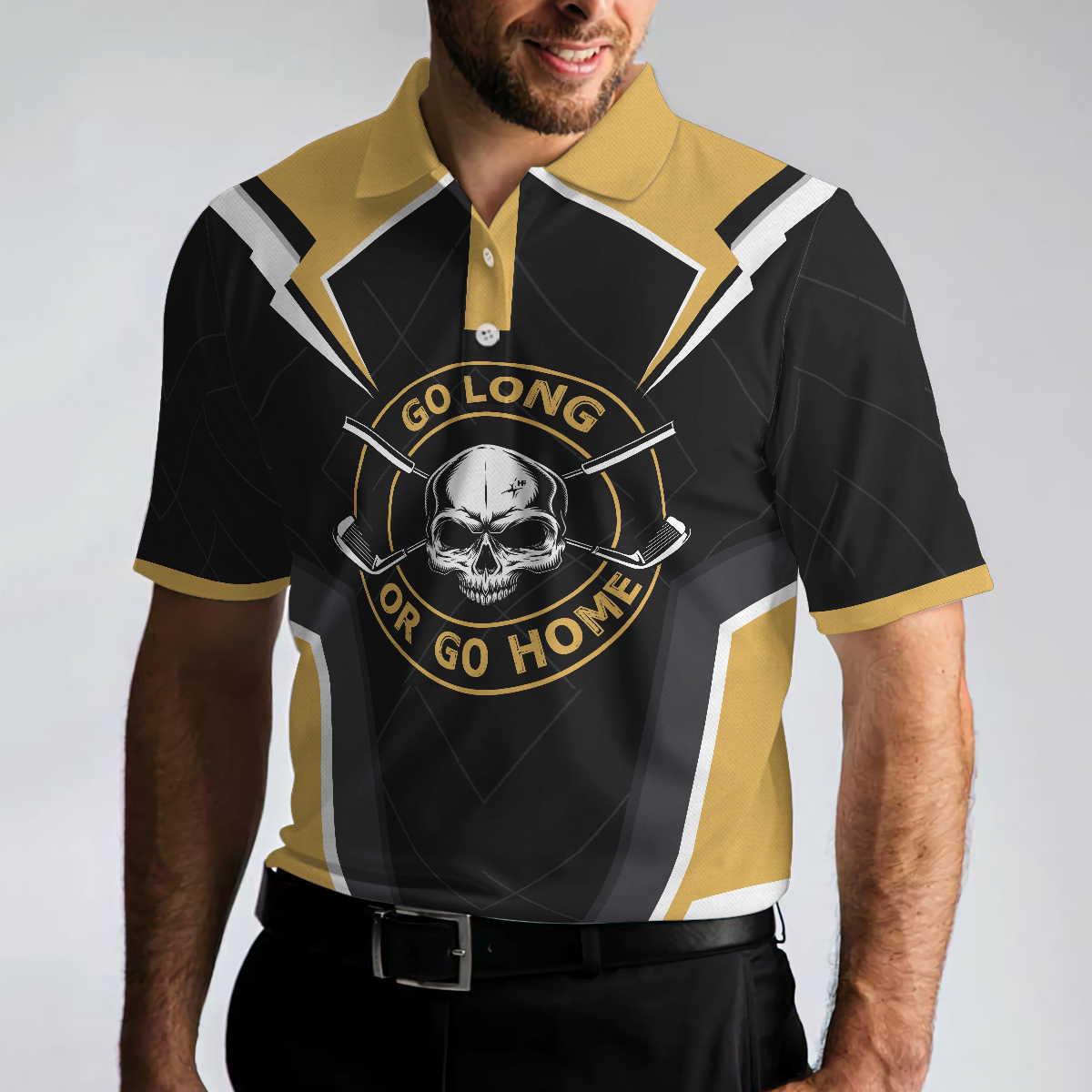 Go Long Or Go Home Golf Men Polo Shirt, Black Skull Golf Shirt For Men, Cool Golfing Shirt With Sayings, Gift For Golfers