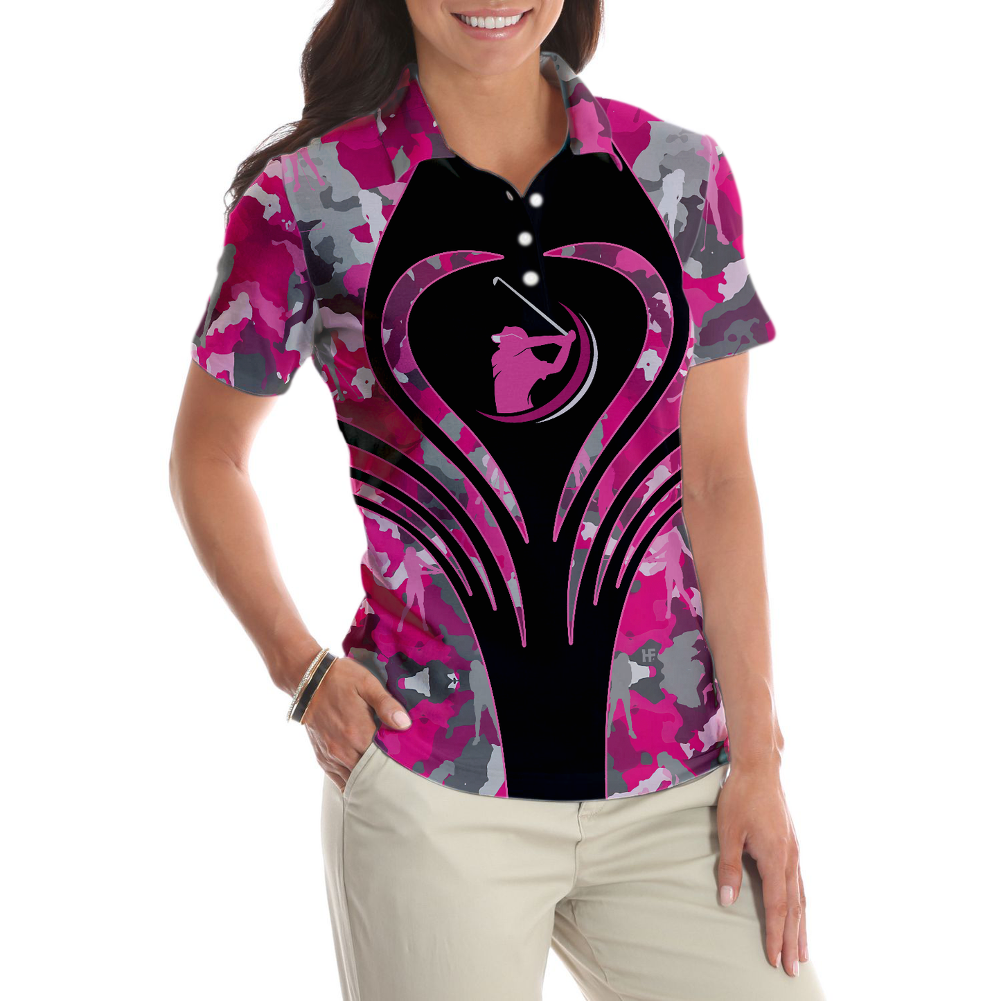 Golf Girl Pink Camouflage Pattern Short Sleeve Women Polo Shirt, Unique Female Golf Gift, Golf Gift For Ladies