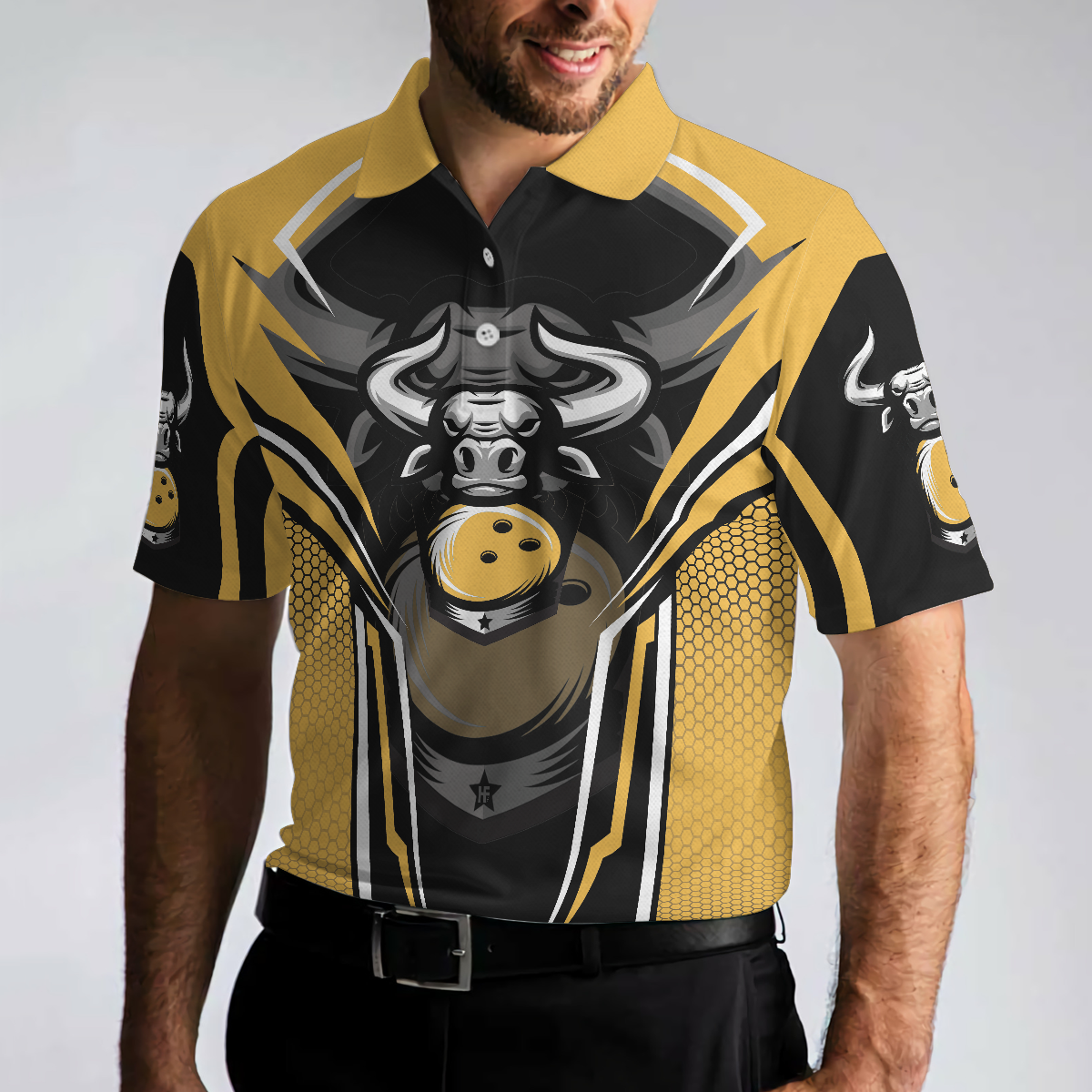 Clean Sweep Yellow Bull Bowling Short Sleeve Polo Shirt, Digital Bowling Alley Polo Shirt, Best Bowling Shirt For Men