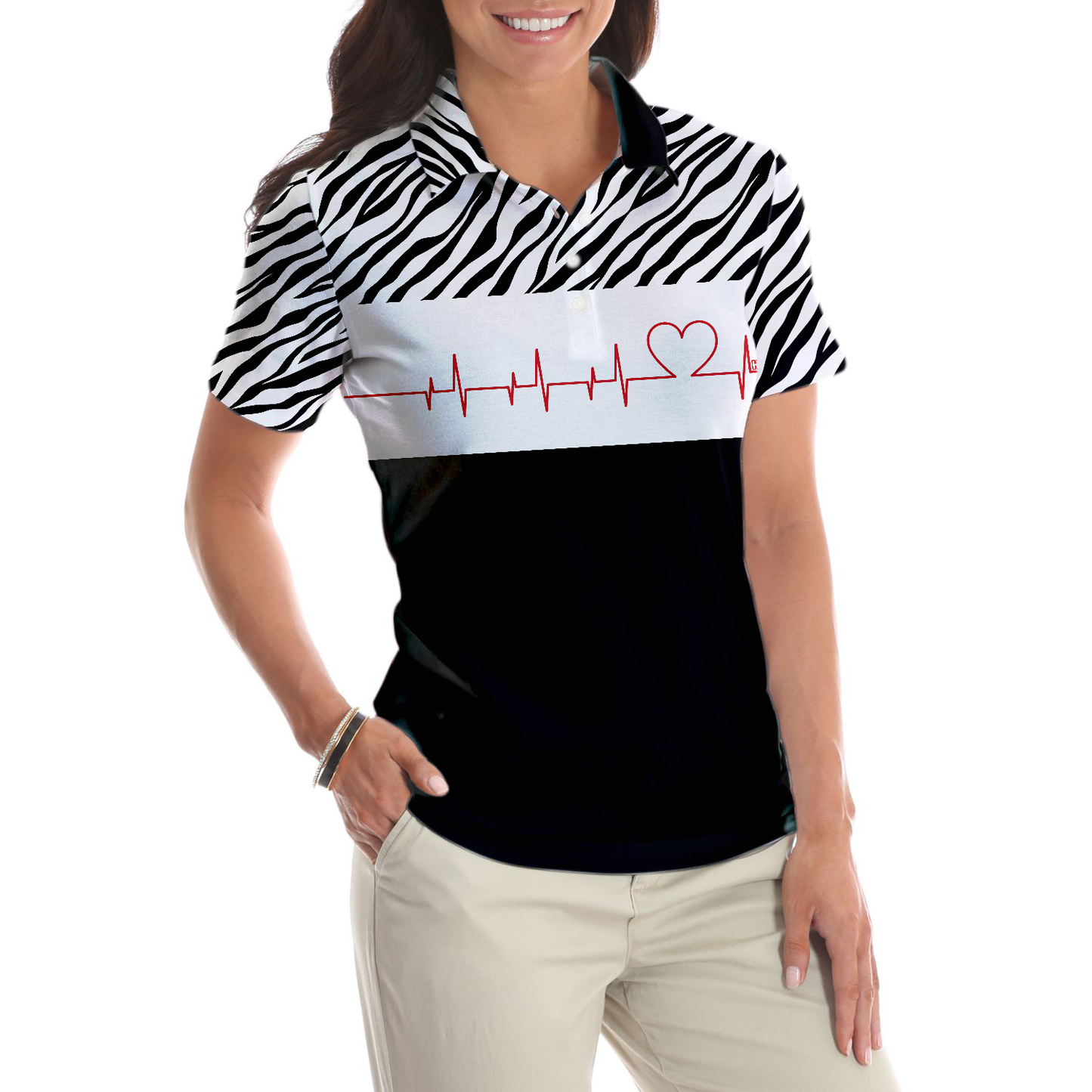 Bowling Heartbeat Women Polo Shirt, Zebra Pattern Short Sleeve Women Polo Shirt, Bowling Shirt For Ladies
