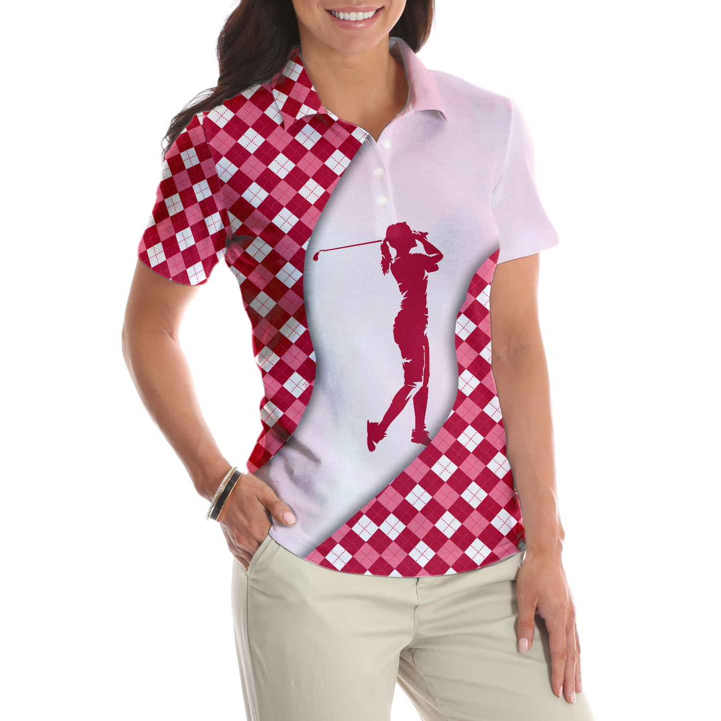 Pink Pattern Women Polo Shirt, Golf And Wine Kind Of Girl Short Sleeve Shirt For Golf Ladies