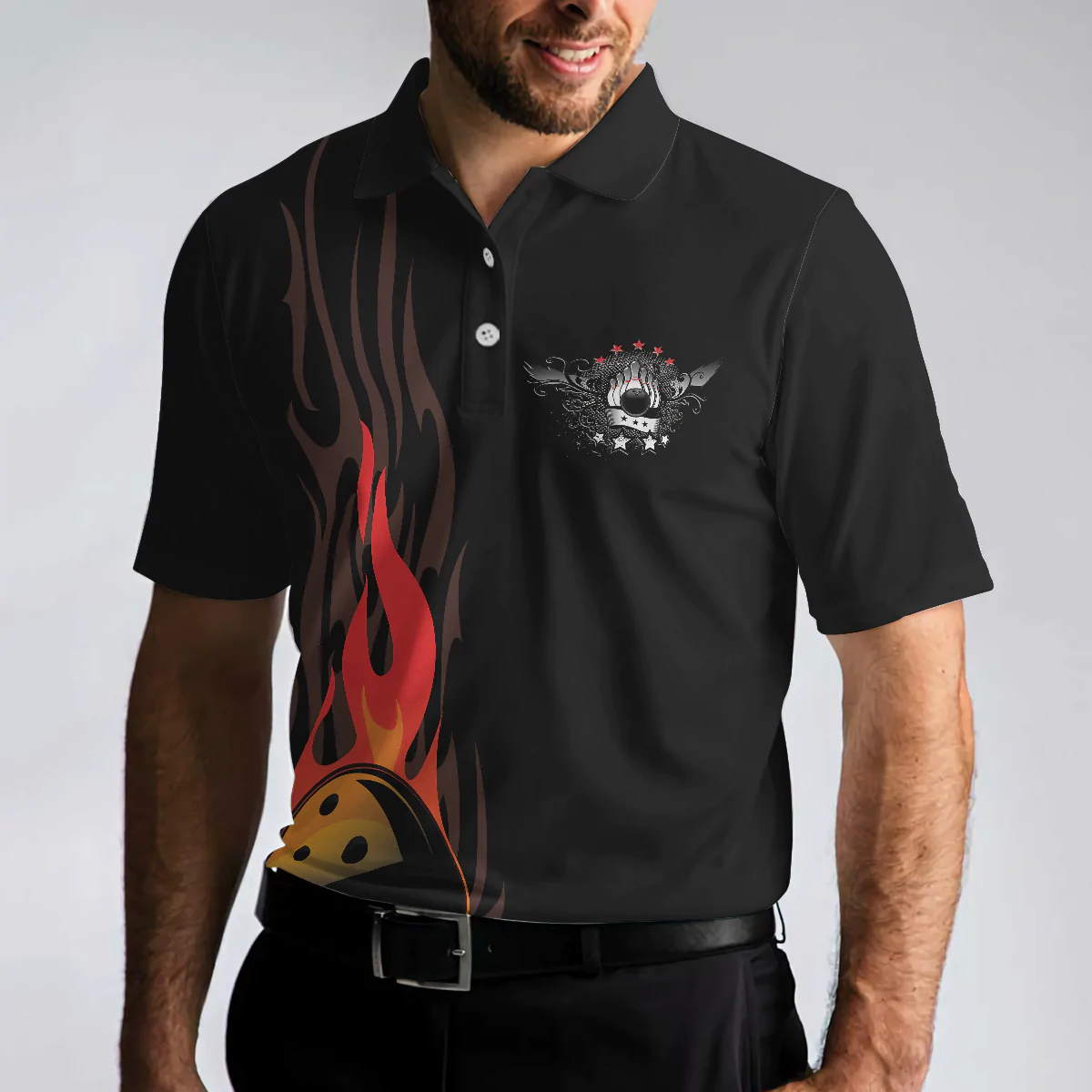 Life Is Like Bowling Keep Your Eyes On The Balls Bowling Polo Shirt, Black Flame Bowling Ball Polo Shirt For Men