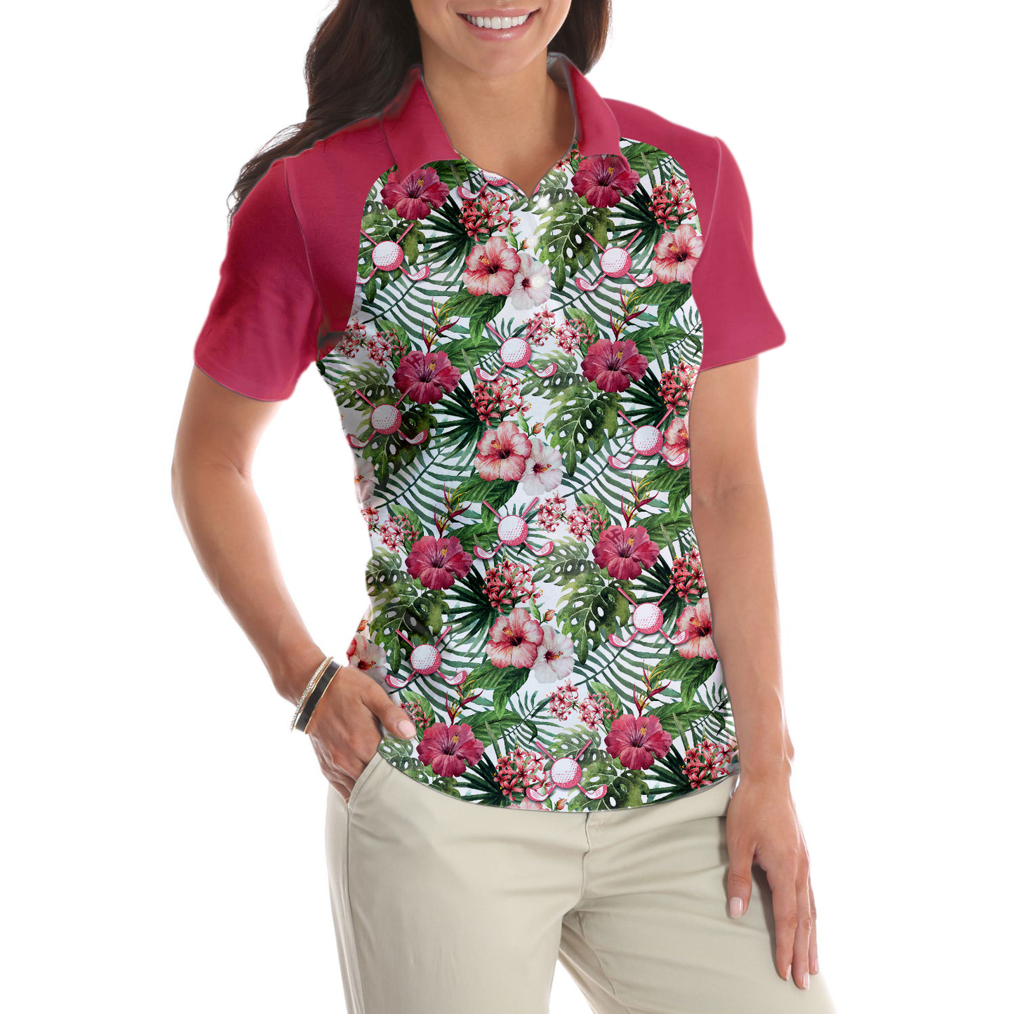 Golf Ball On Tropical Flowers Background Short Sleeve Women Polo Shirt, Tropical Flowers  Pattern Polo Shirt, Best Golf Shirt For Ladies