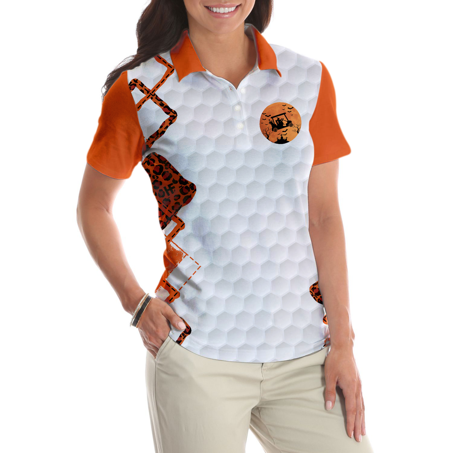 Gift For Golf Mom, Orange Leopard Golf Short Sleeve Women Polo Shirt, Golf I Have Two Titles Shirt For Ladies