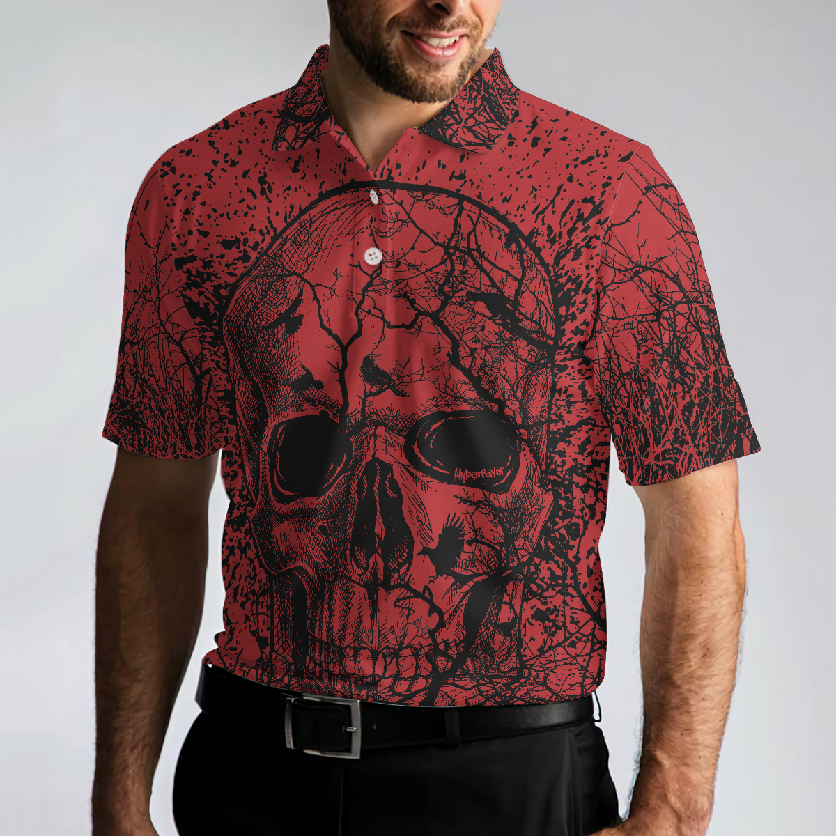 Skull Crow Black And Red Short Sleeve Polo Shirt, Dark Forrest Skull Crow Shirt For Men, Best Polo Shirt For Halloween - Perfect Gift For Men