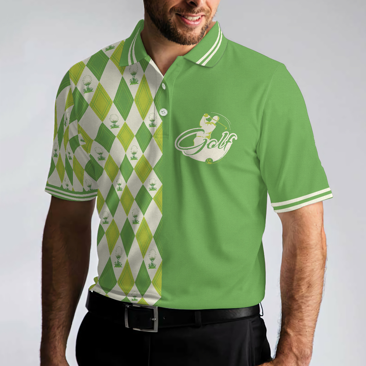 Golf Men Polo Shirt, I'm Not Swearing I'm Using My Golf Words Polo Shirt, Green Argyle Pattern Golf Shirt For Male Golfers