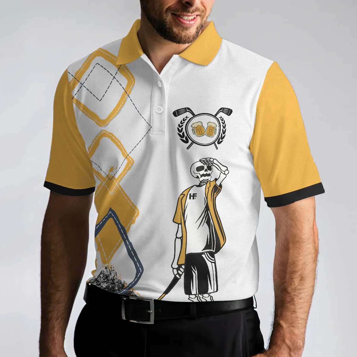White And Yellow Argyle Pattern Golf Men Polo Shirt, Just Another Beer Drinker With A Golfing Problem Shirt, Gift For Male Golfers