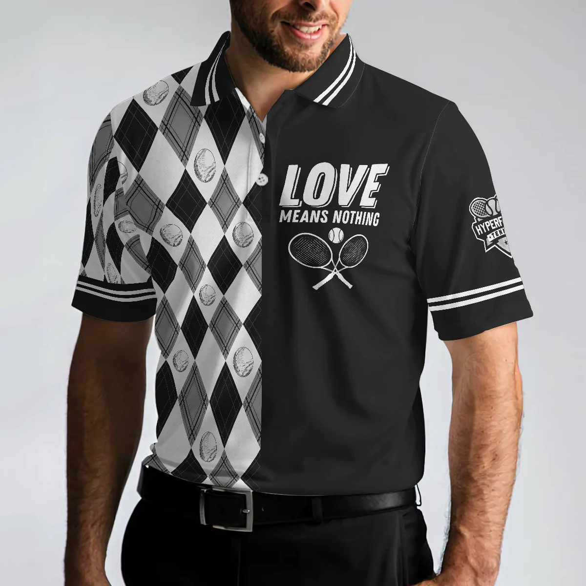Men Polo Shirt - Love Means Nothing Tennis Polo Shirt - Gift For Tennis player - Tennis Ball Argyle Pattern Polo Shirt