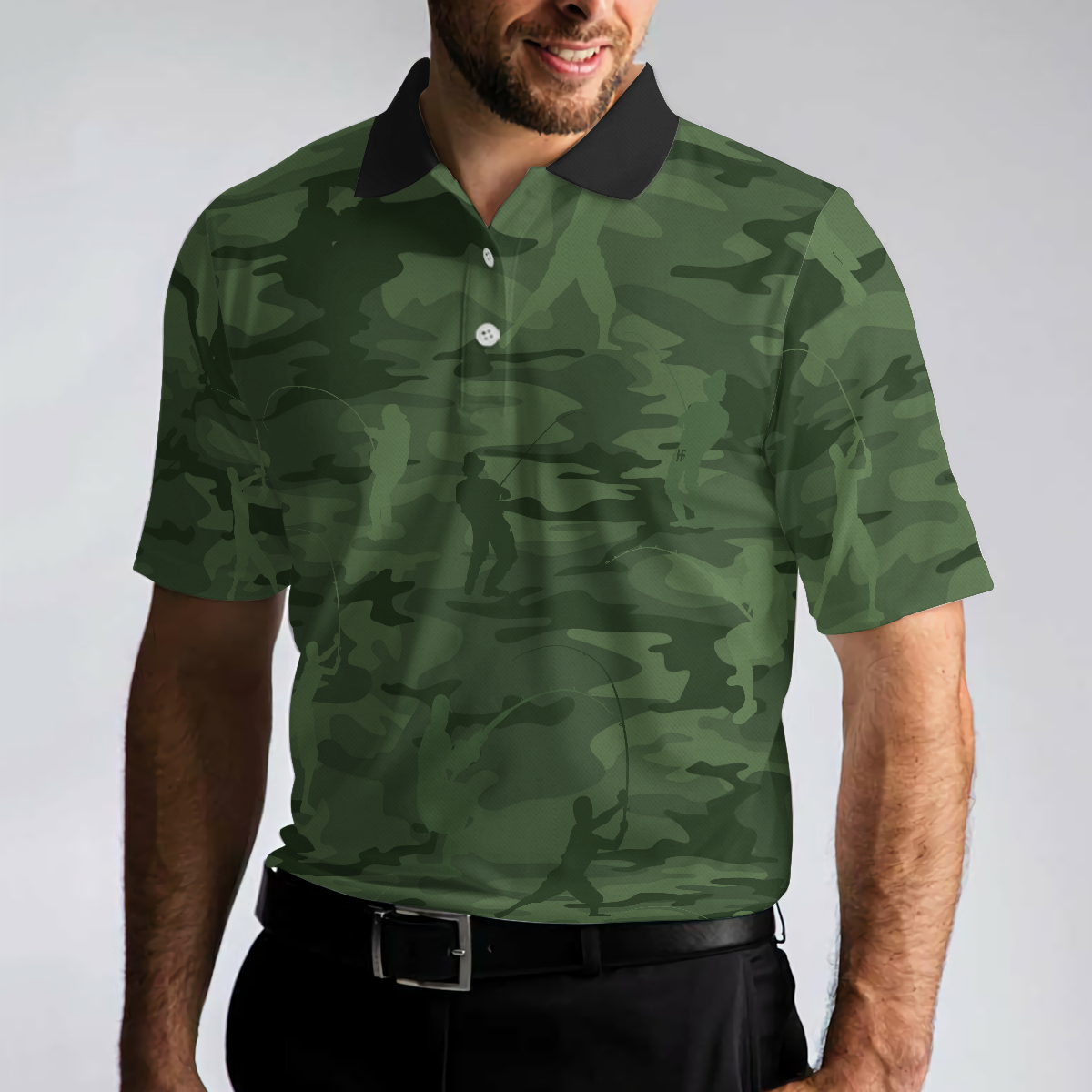 Green Camouflage Fisherman Silhouette All Over Print Men Polo Shirt, Unique Golf Shirt For Men, Cool Gift For Fishing Lovers