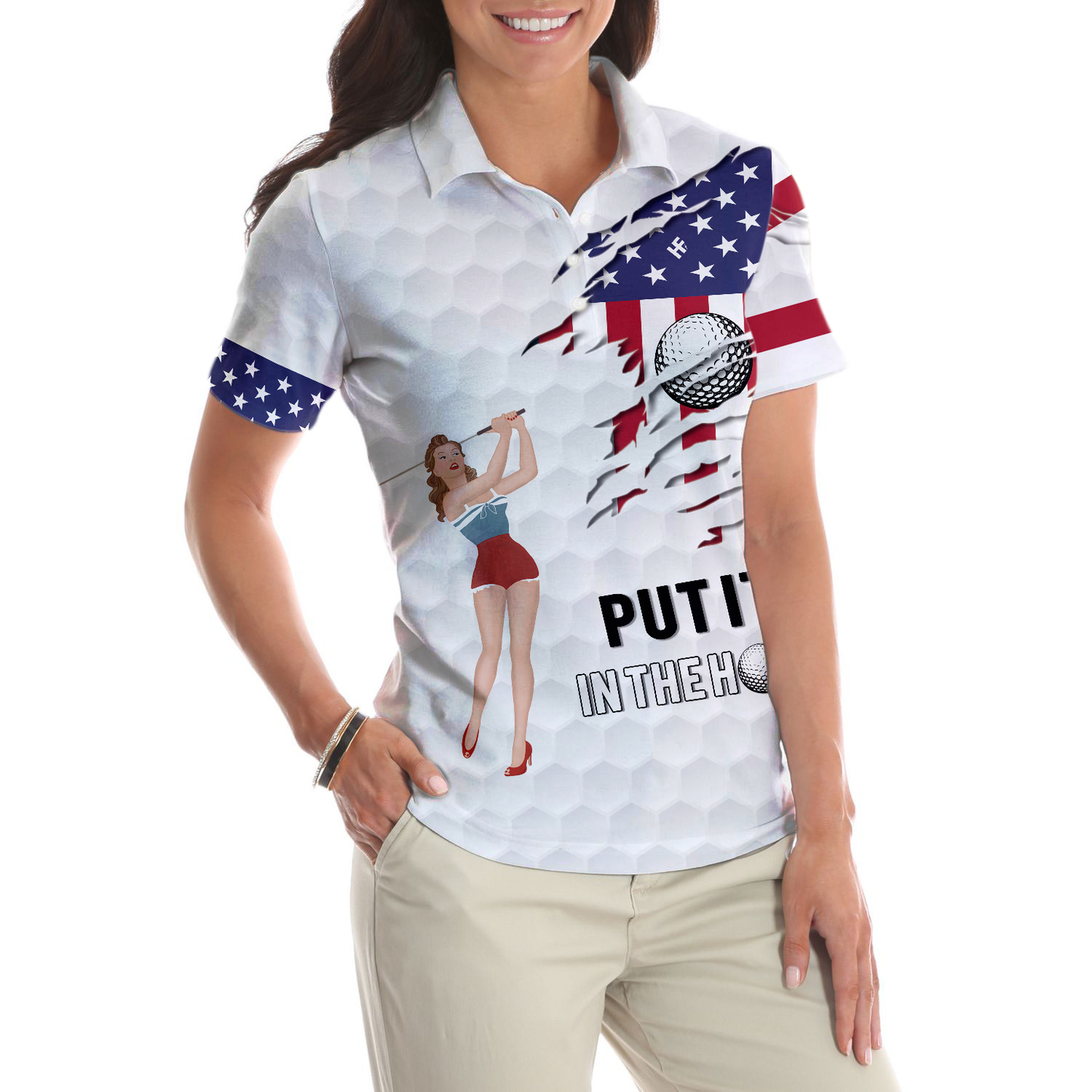 Golf American Flag Girl Short Sleeve Women Polo Shirt, White Golf Pattern And Golf Ball Polo Shirt, Patriotic Golf Shirt For Women, Best Gift For Golfers