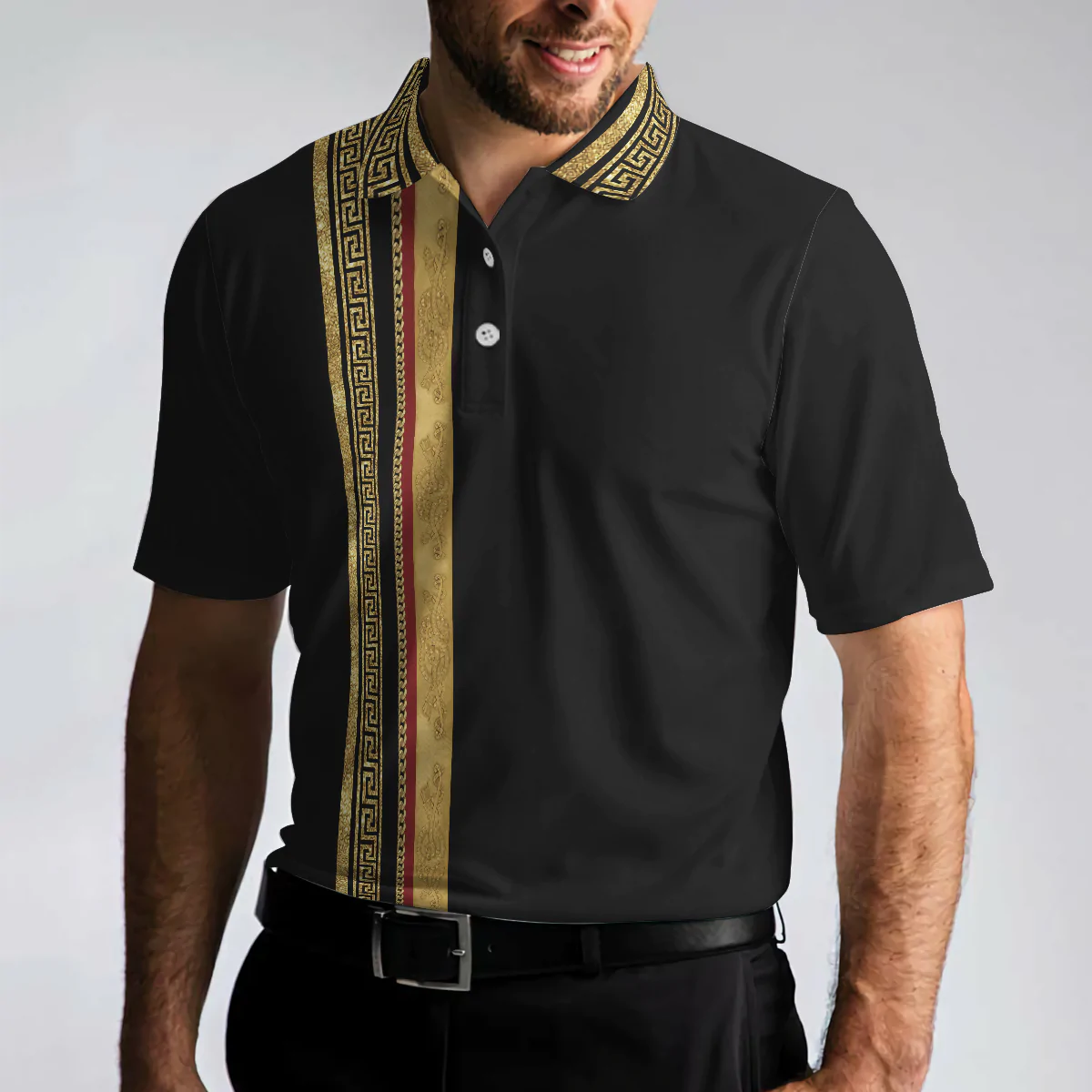 Men Polo Shirt - Luxury Baroque Pattern Eagle Badge Golf Polo Shirt - Gift For men - Golden Greek Key Pattern Polo Shirt