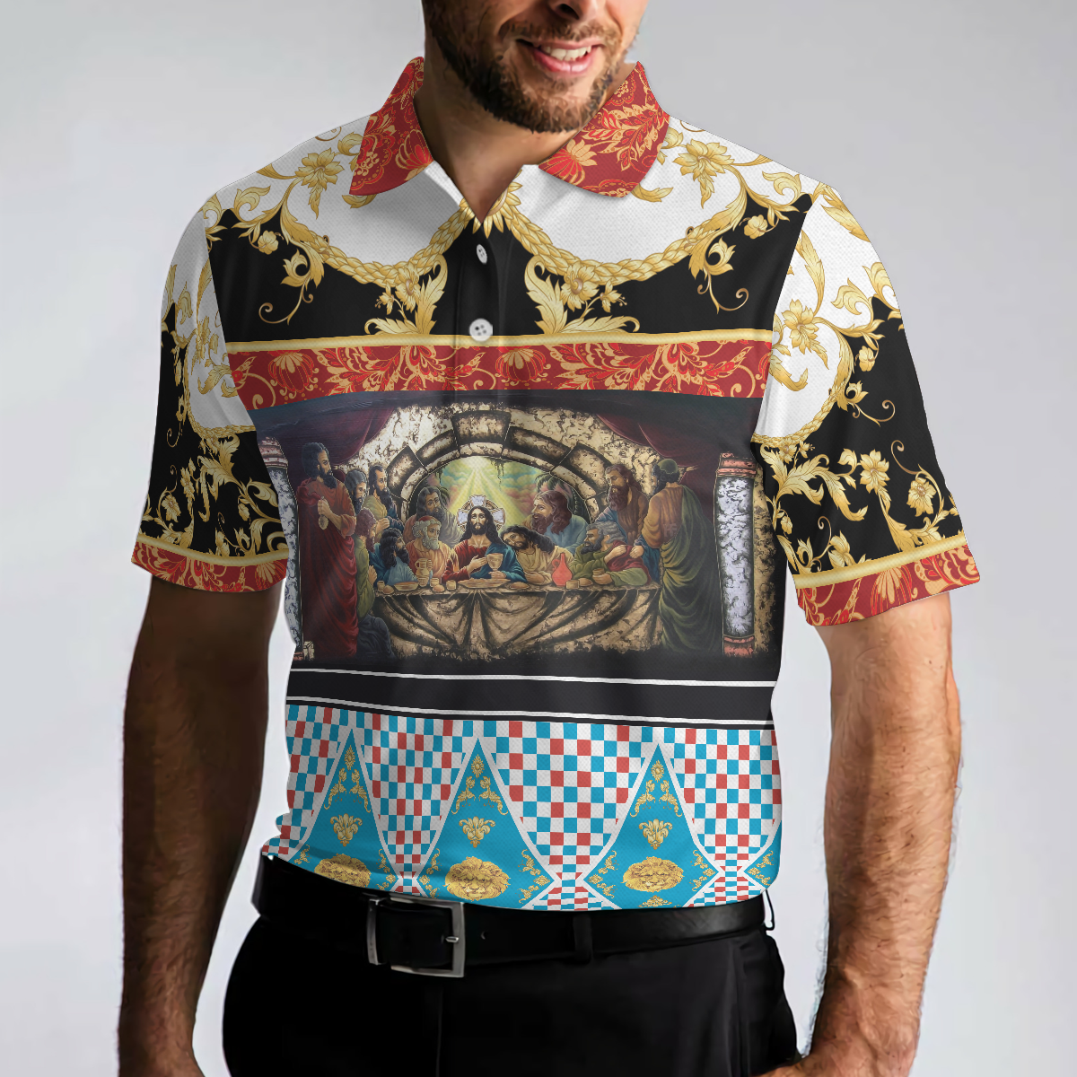 The Last Supper Renaissance Pattern Polo Shirt, Luxury Gold Brocade Pattern Christian Shirt For - Perfect Gift For Men
