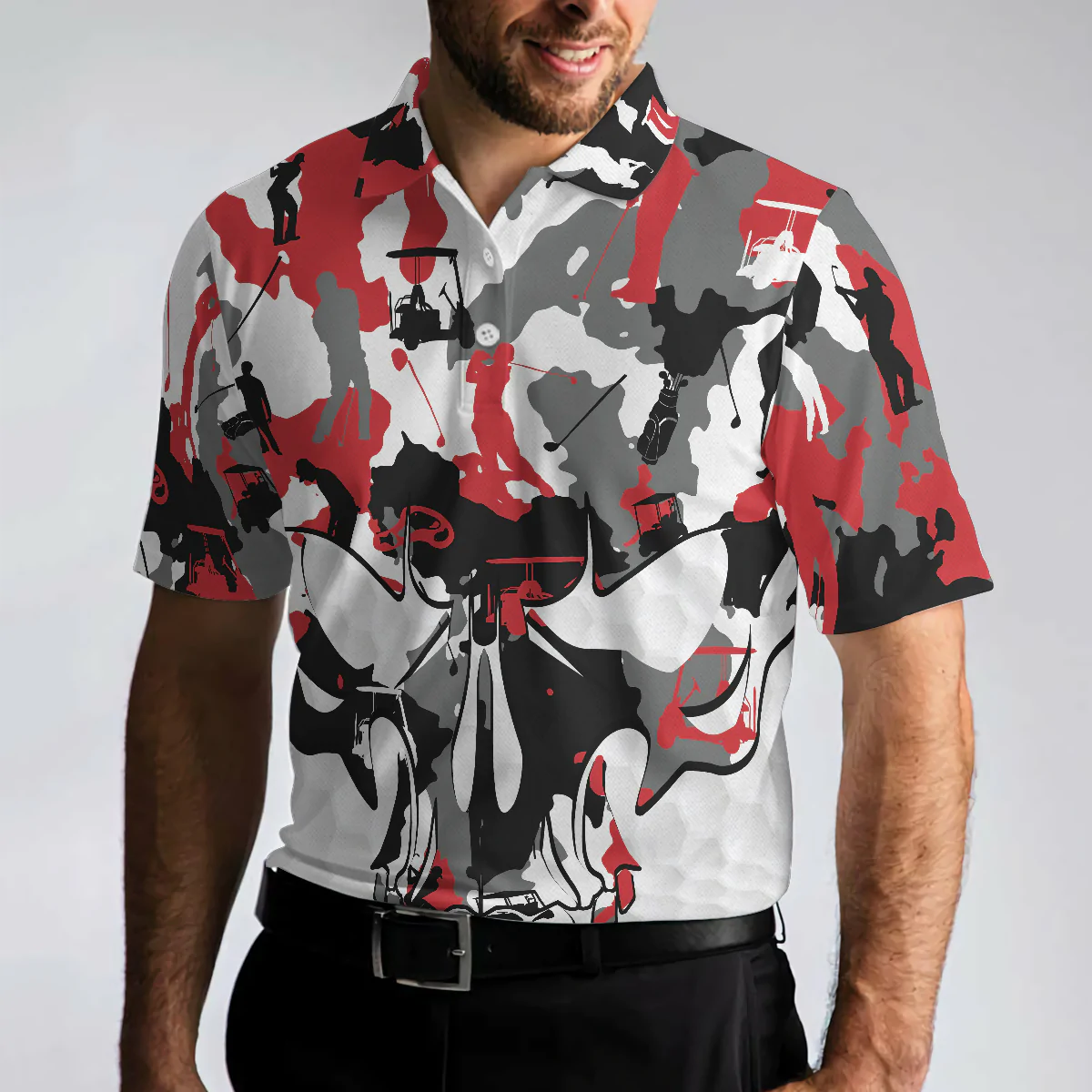 Red And White Camouflage Golf Set Skull Short Sleeve Polo Shirt, Camo Golf Shirt For Men - Gift For Golfer