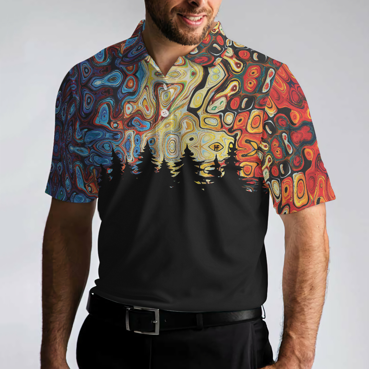 Sky Wavy Abstract Seamless Pattern Polo Shirt, Silhouette Pine Forest Polo Shirt, Black Golf Shirt For Men - Perfect Gift For Men, Golfers
