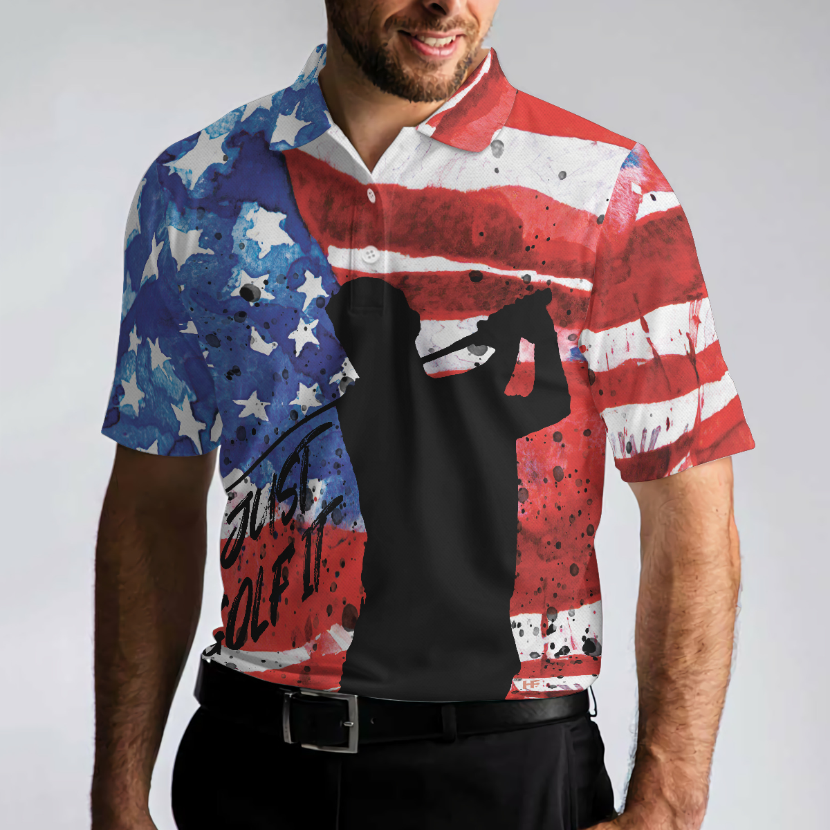 American Golfer Just Golf It Short Sleeve Golf Men Polo Shirt, Wet Paint American Flag Polo Shirt, Patriotic Golf Shirt For Men, Gift For Golfers