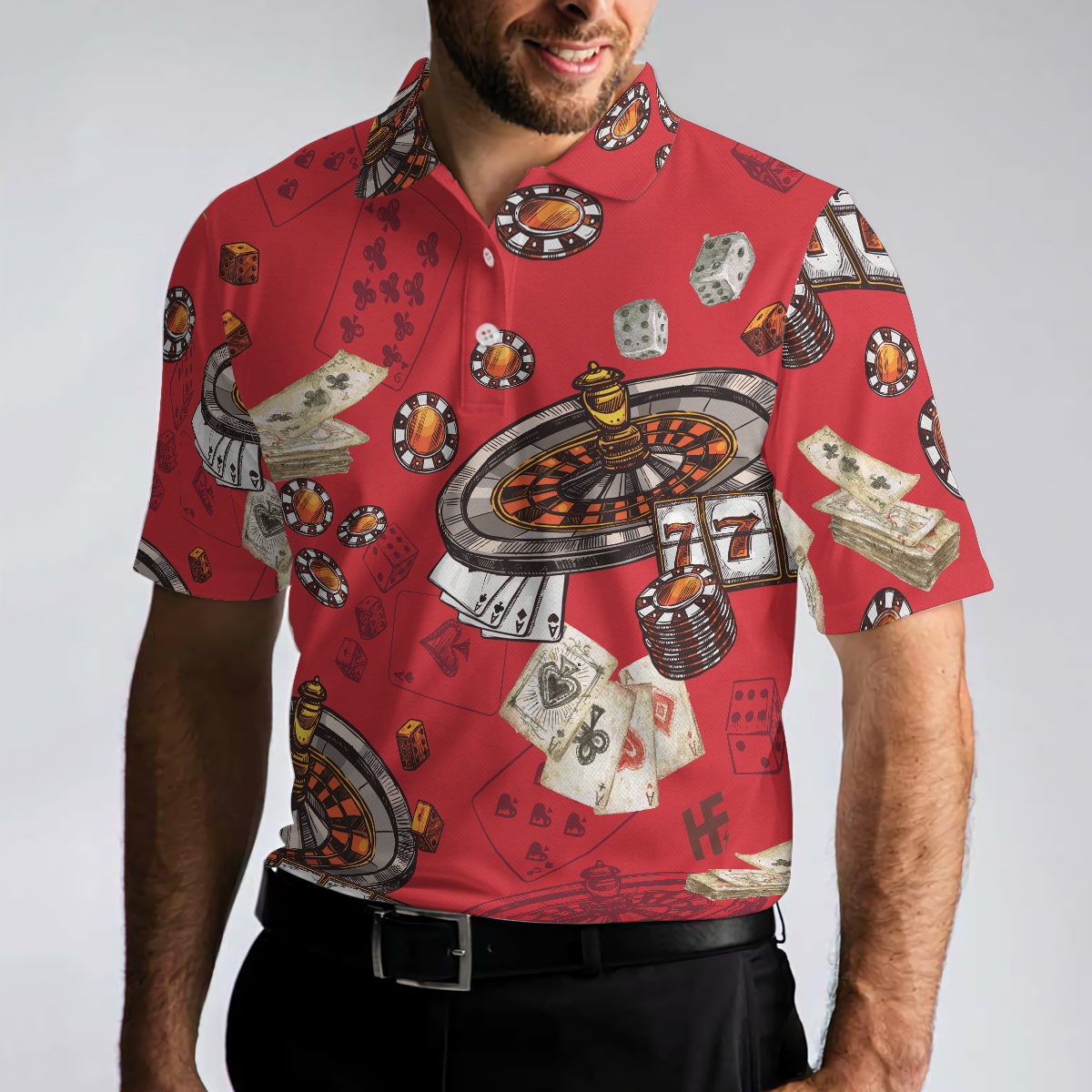 Casino Pattern Red Short Sleeve Polo Shirt, Roulette Wheel Polo Shirt, Best Casino Shirt For Men