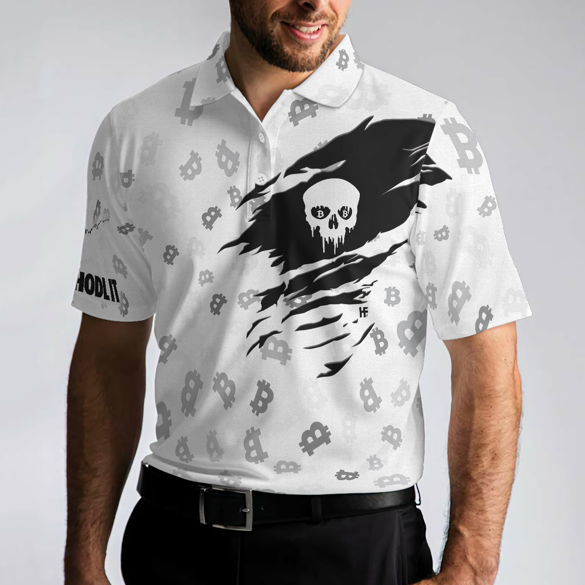 The Bitcoin Skull Polo Shirt, Black And White Skull Cryptocurrency Shirt, Bitcoin Short Sleeve Shirt Design - Perfect Gift For Men