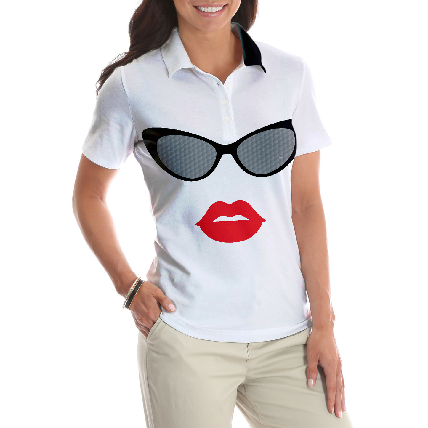 Sunglasses And Sexy Red Lips Women Polo Shirt, Unique White Golf Shirt For Ladies, Golf Short Sleeve Women Polo Shirt - Perfect Gift For Women, Ladies