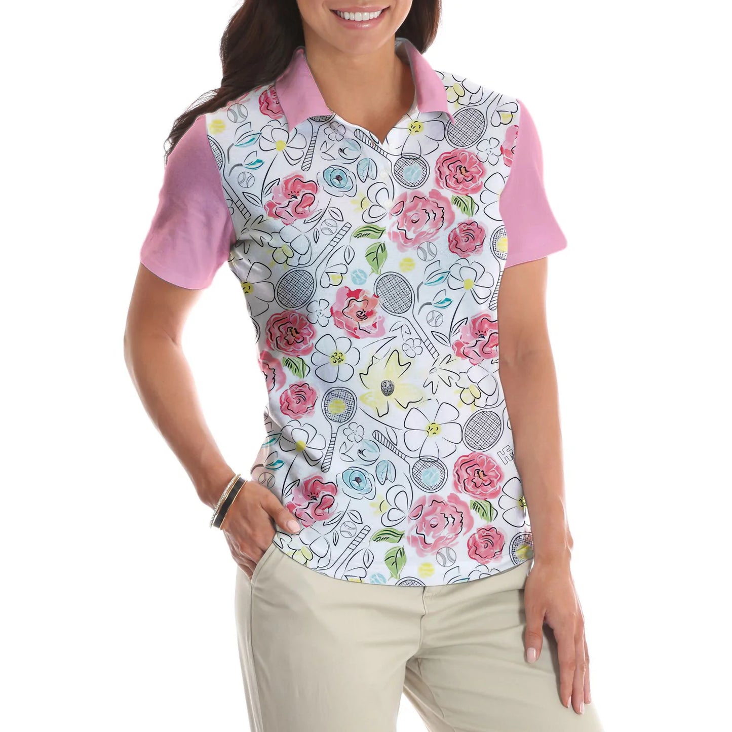 Women Polo Shirt - Lovely Pink Floral Tennis Pattern Short Sleeve Women Polo Shirt - Gift For Golfer