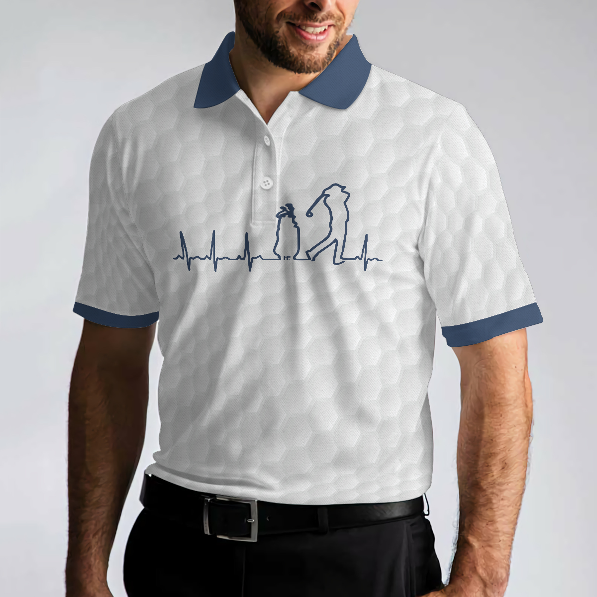 Heartbeat Golfer White And Navy Golf Men Polo Shirt, White Golf Ball Pattern Polo Shirt For Men, Best Gift For Golfers
