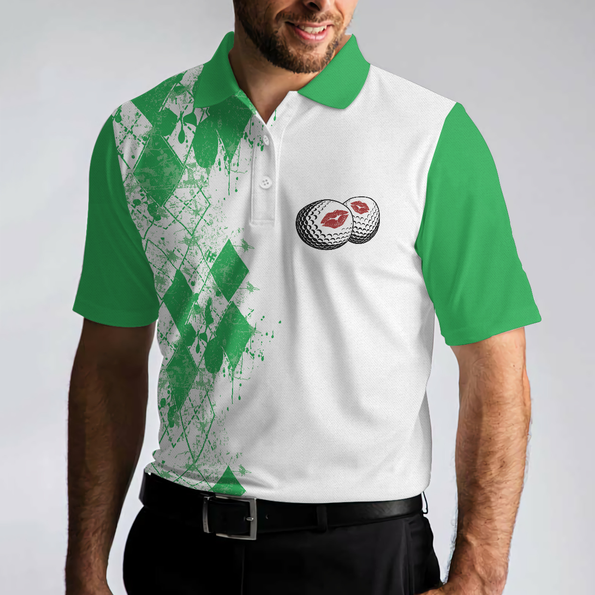 Golf Kiss My Balls Polo Shirt, Green Argyle Pattern Golf Shirt Design, Scary Halloween Golf Gift For Golfers