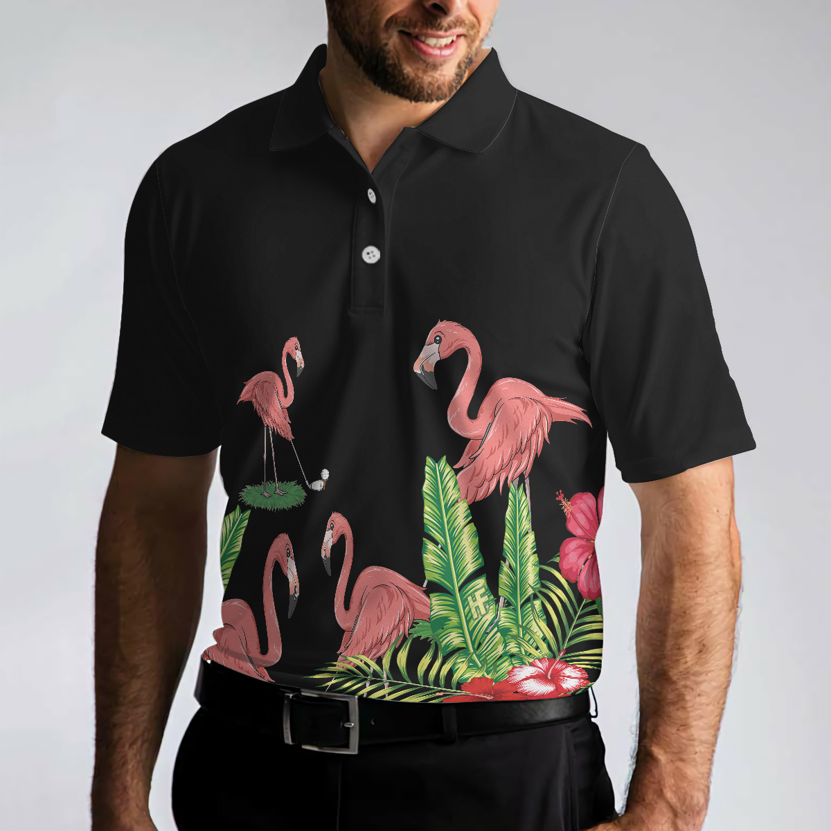 Flamingo Playing Golf And Tropical Pattern Polo Shirt, Pink Flamingo Short Sleeve Polo Shirt For Golfers