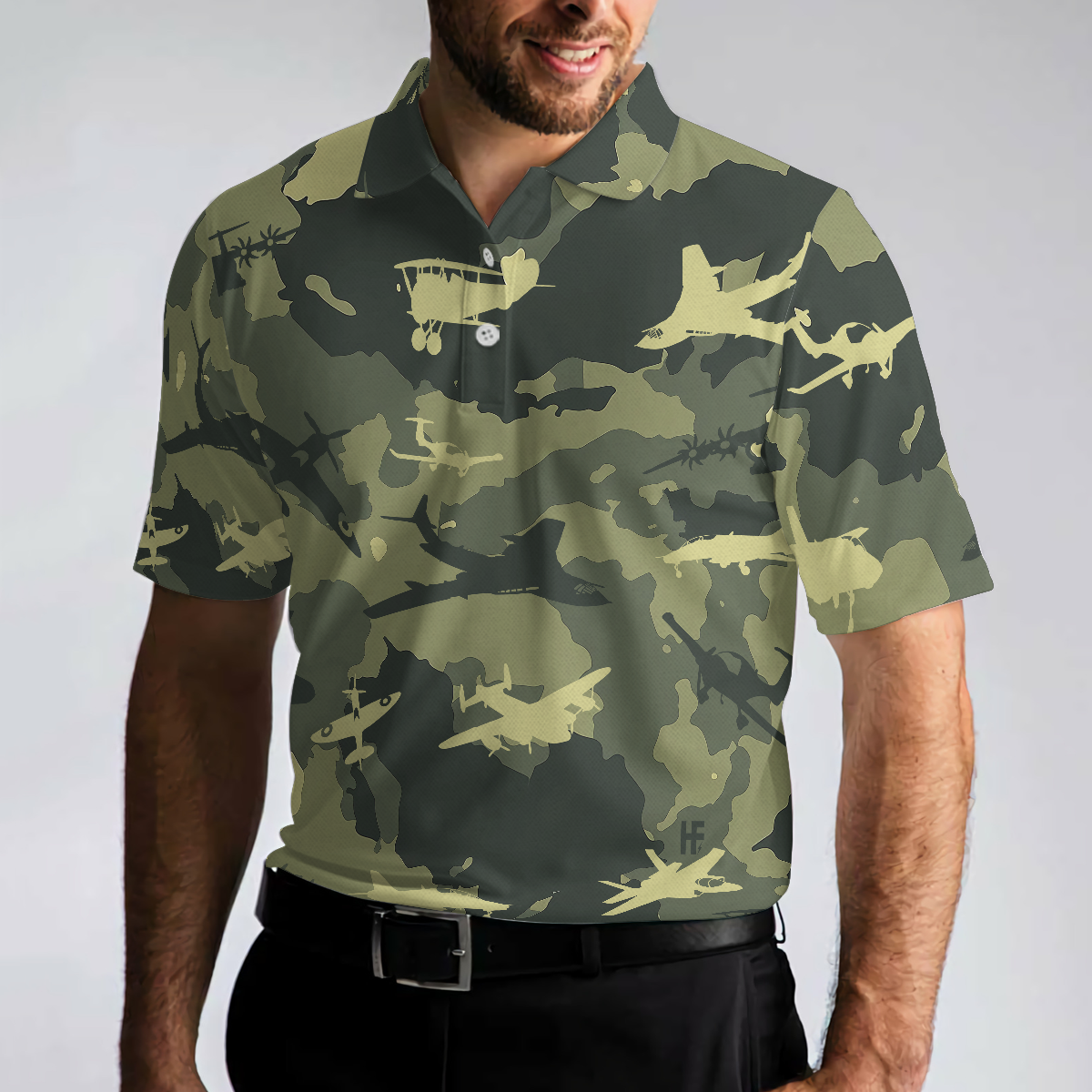 Army Men Polo Shirt, Aircraft Green Camouflage Short Sleeve Polo Shirt, Best Camo Shirt For Men