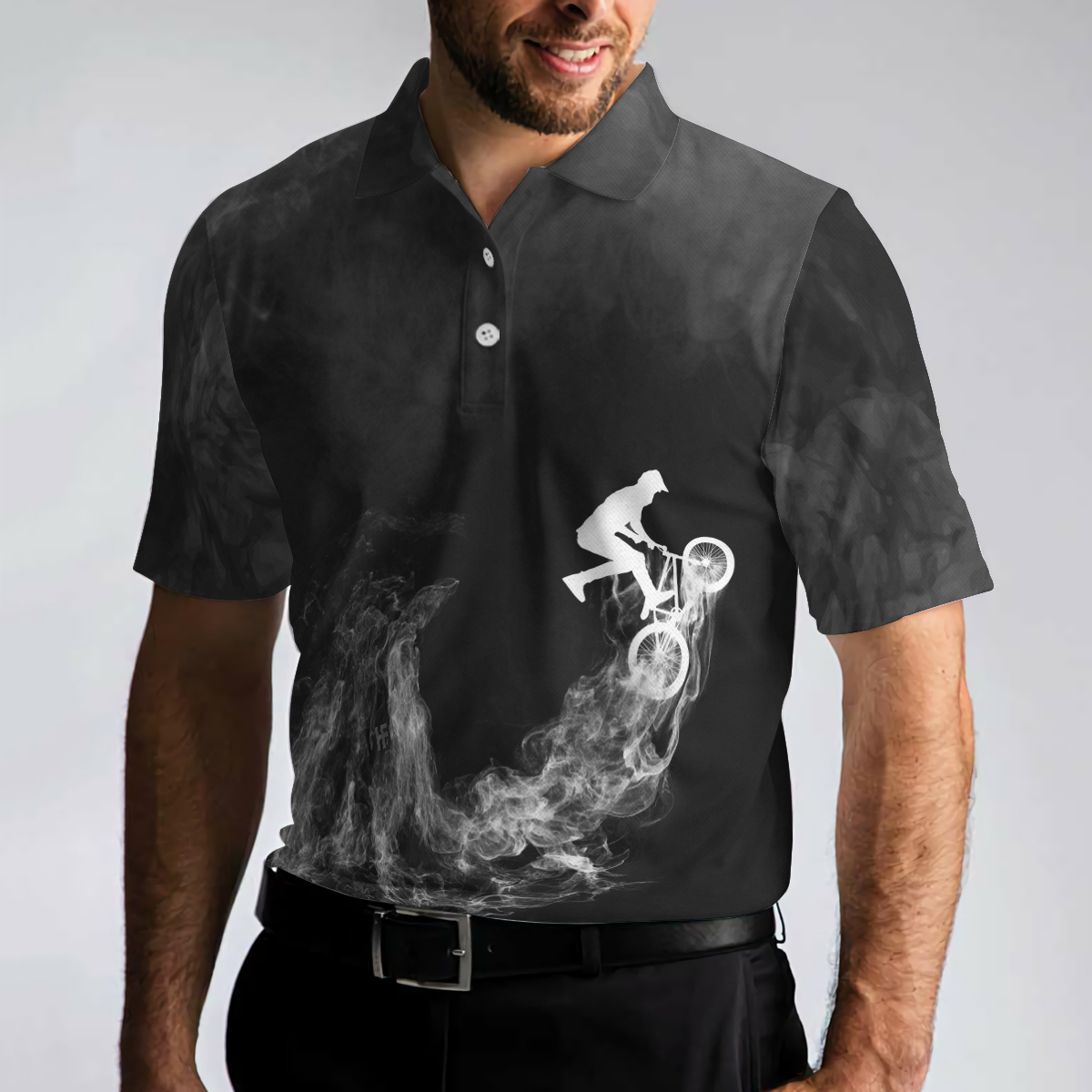 Cycling On Smoke Background Polo Shirt, Black And White Cycling Shirt For Men
