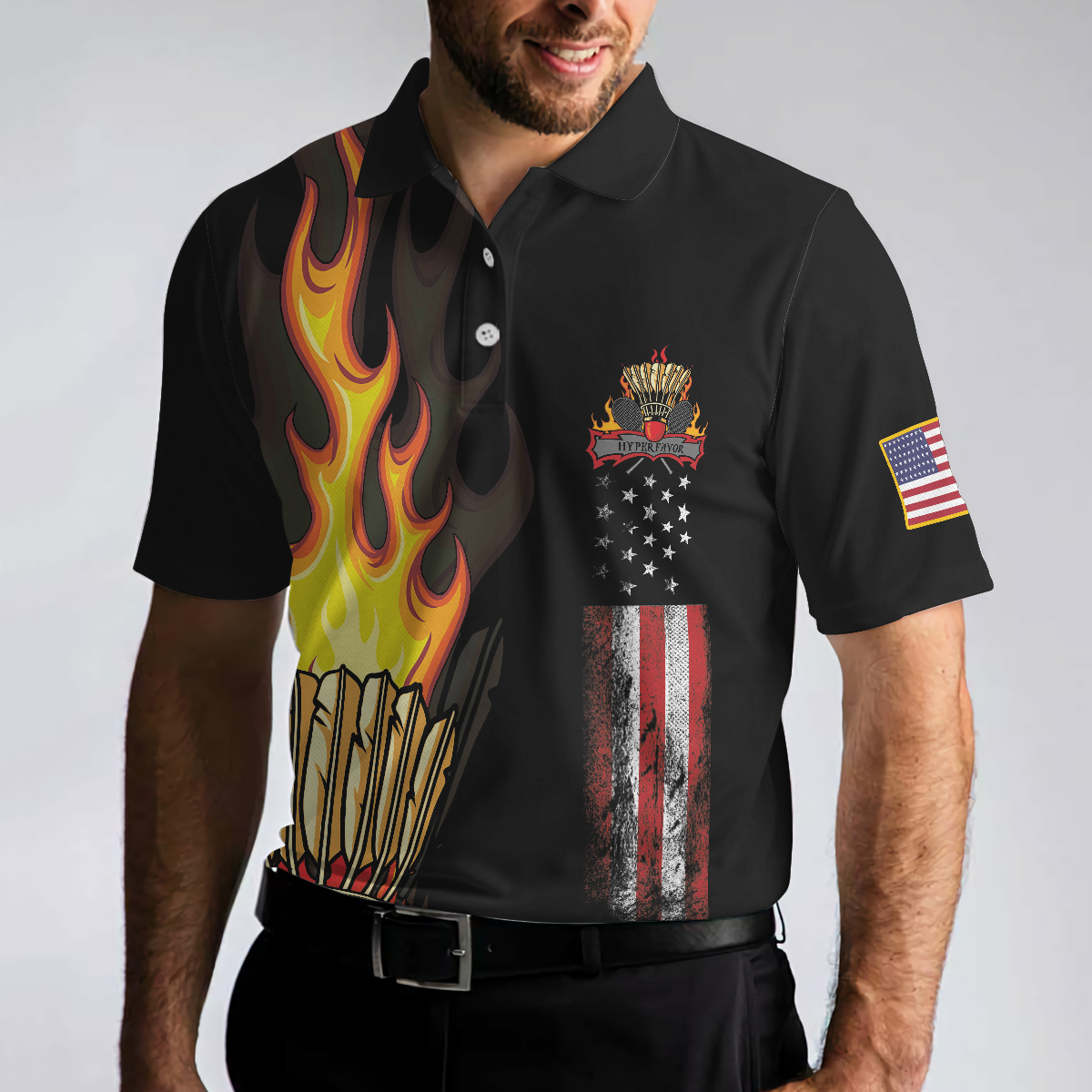 Men Polo Shirt - Badminton Flame Men Polo Shirt - Gift For Golfer - Black Theme American Flag Badminton Men Polo Shirt