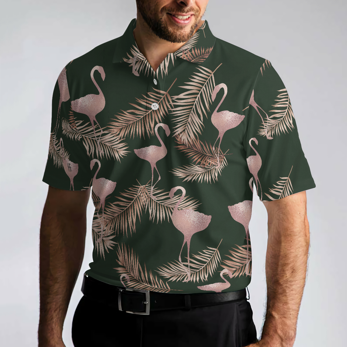 Flamingo Rose Gold Pattern Polo Shirt, Flamingo Themed Polo Shirt For Adults, Rose Gold Short Sleeve Shirt, Gift For Flamingo Lovers