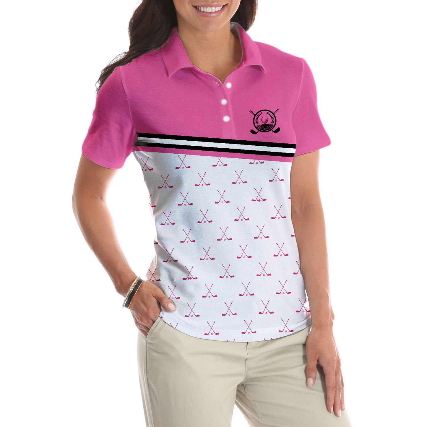 Crossed Pink Golf Clubs Golf Short Sleeve Women Polo Shirt, Simple Golf Shirt Design For Ladies, Best Gift For Women Golfer